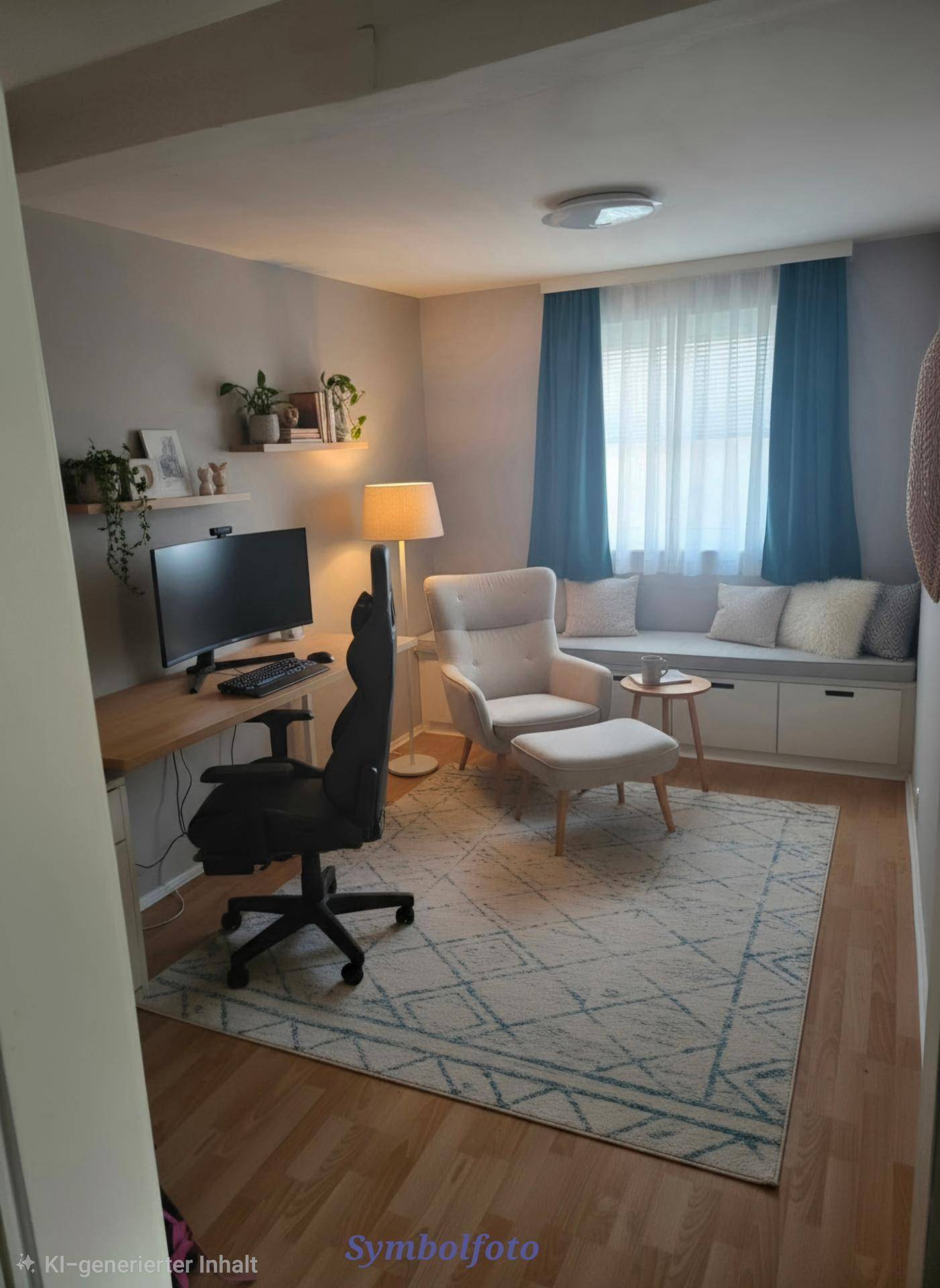 Modernes Arbeitszimmer mit Schreibtisch, bequemen Sessel und Fensterbank als Sitzgelegenheit.