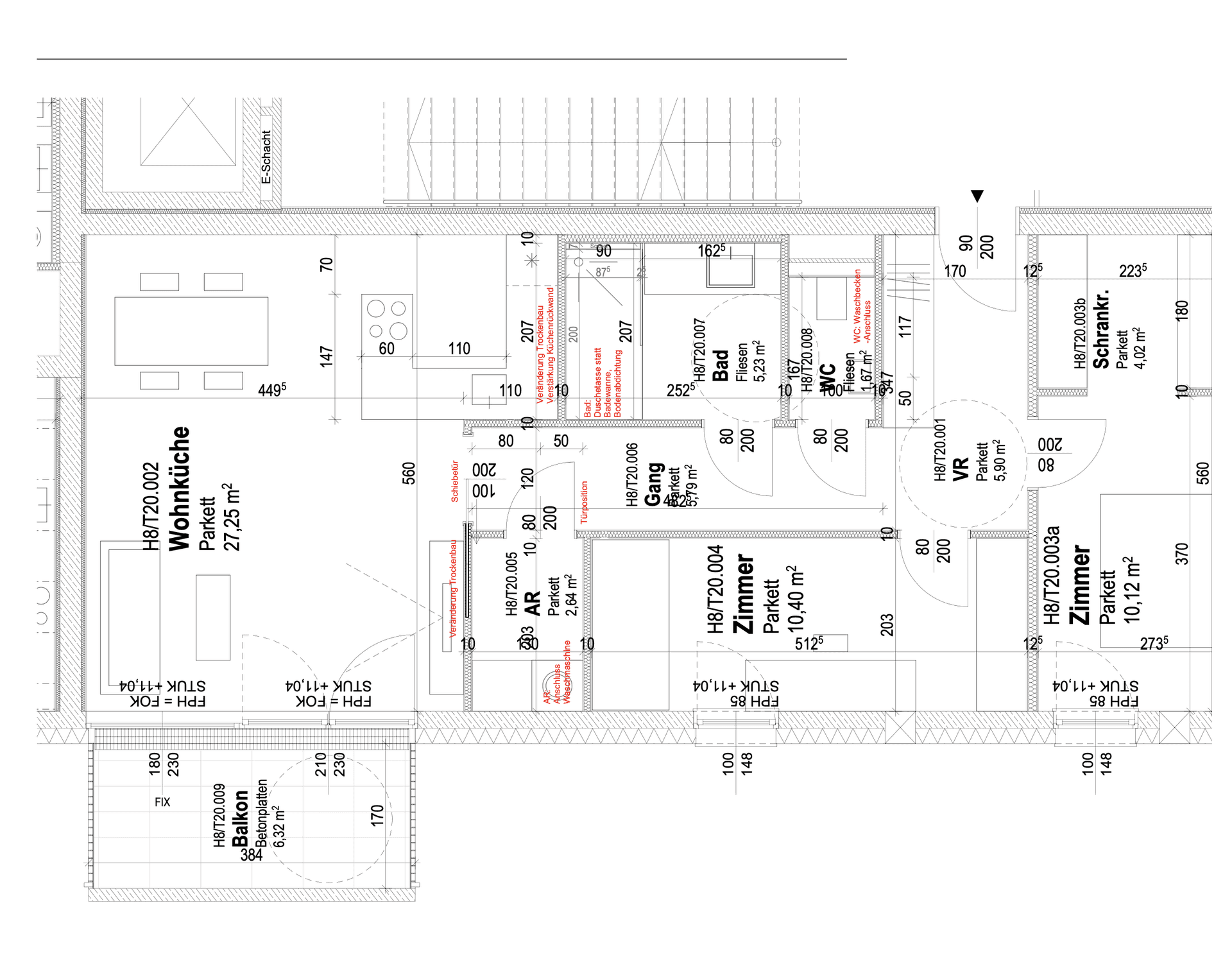 Detaillierter Grundriss einer Wohnung mit Wohnküche, Schlafzimmern und Balkon.