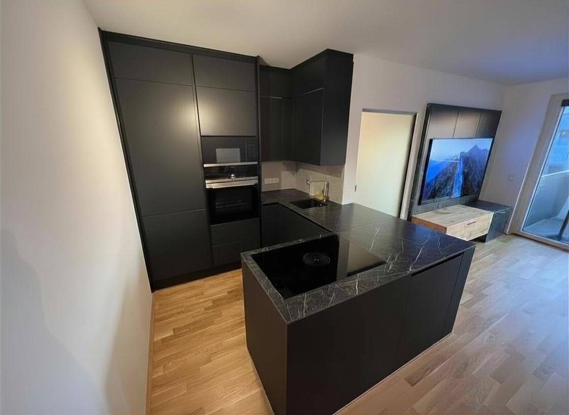 Moderne schwarze Einbauküche mit Kochinsel, integrierten Geräten und eleganten Arbeitsplatten.