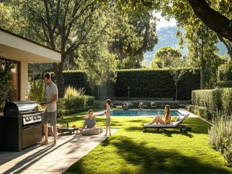 Großer Garten mit Swimmingpool, Grillbereich und schattenspendenden Bäumen für die Familie.
