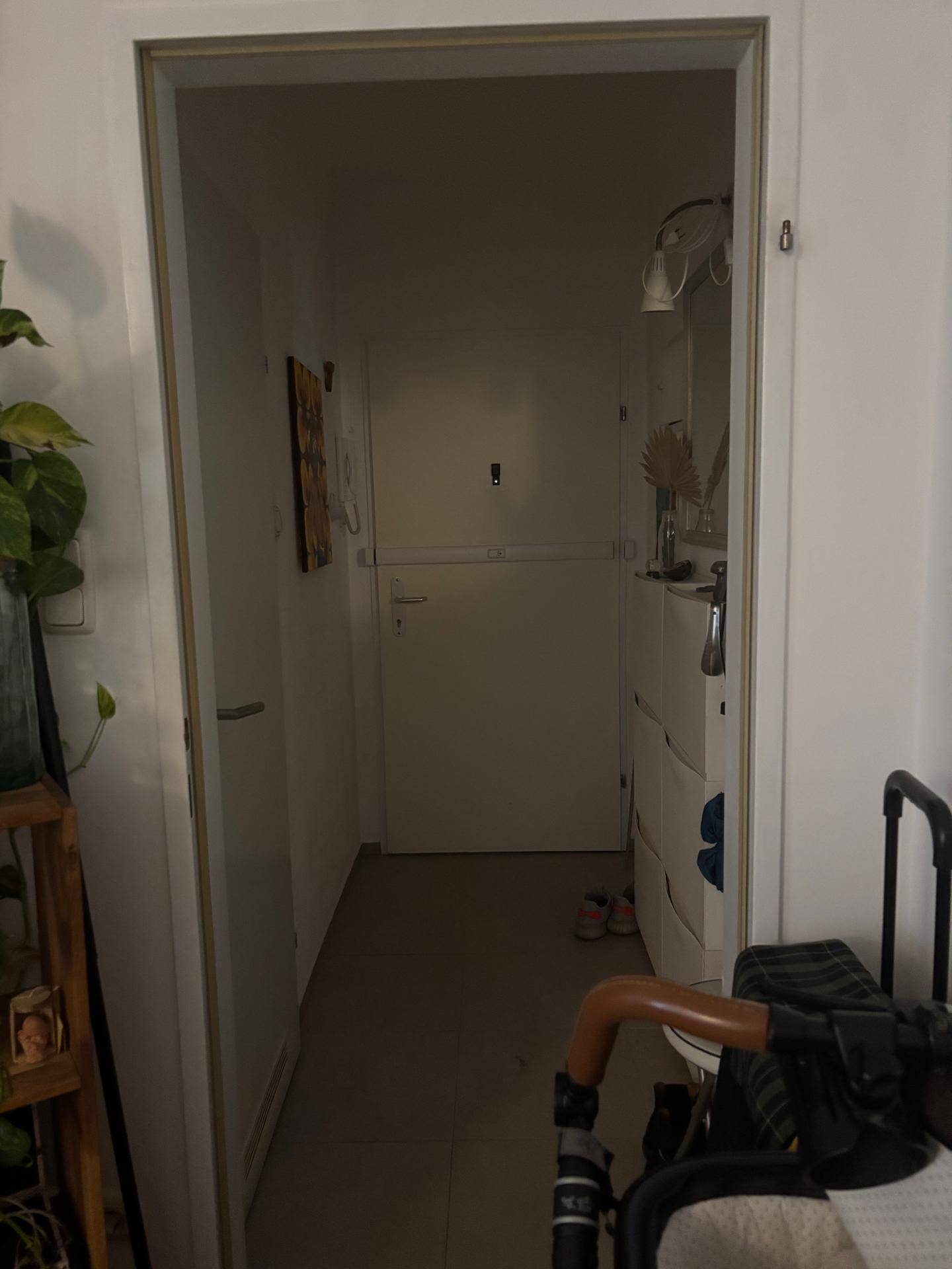 Schmaler Flur mit weißem Schuhschrank und einer Tür am Ende des Ganges.