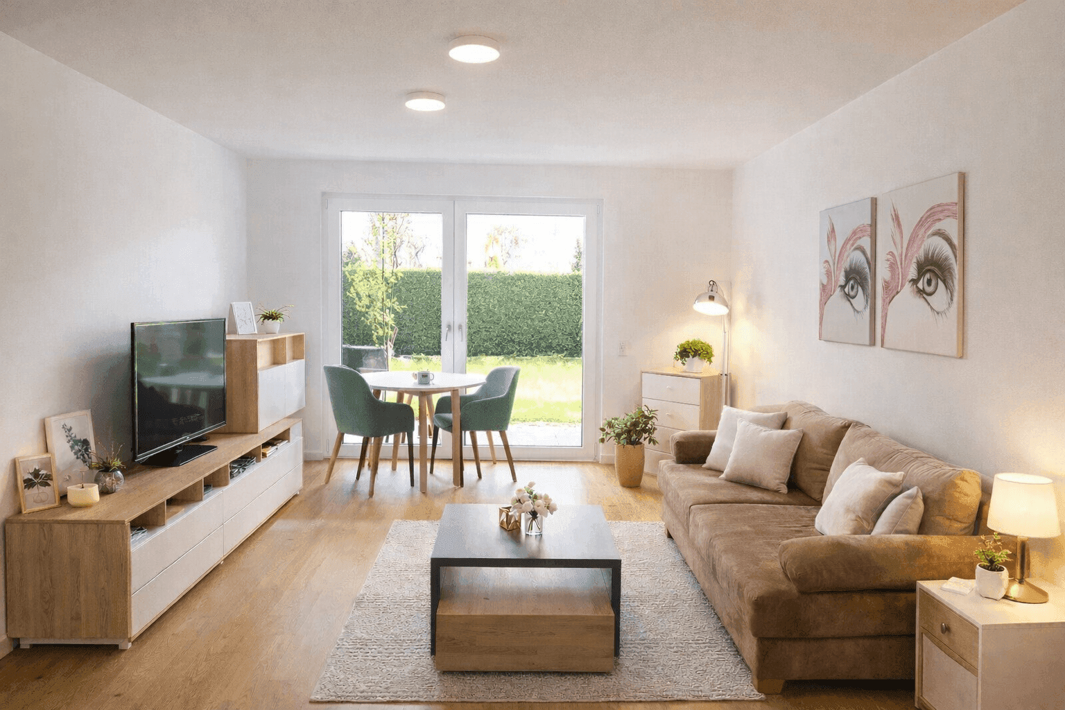 Geräumiger Wohn-Essbereich mit bequemer Couch, Esstisch und direktem Zugang zum Garten.