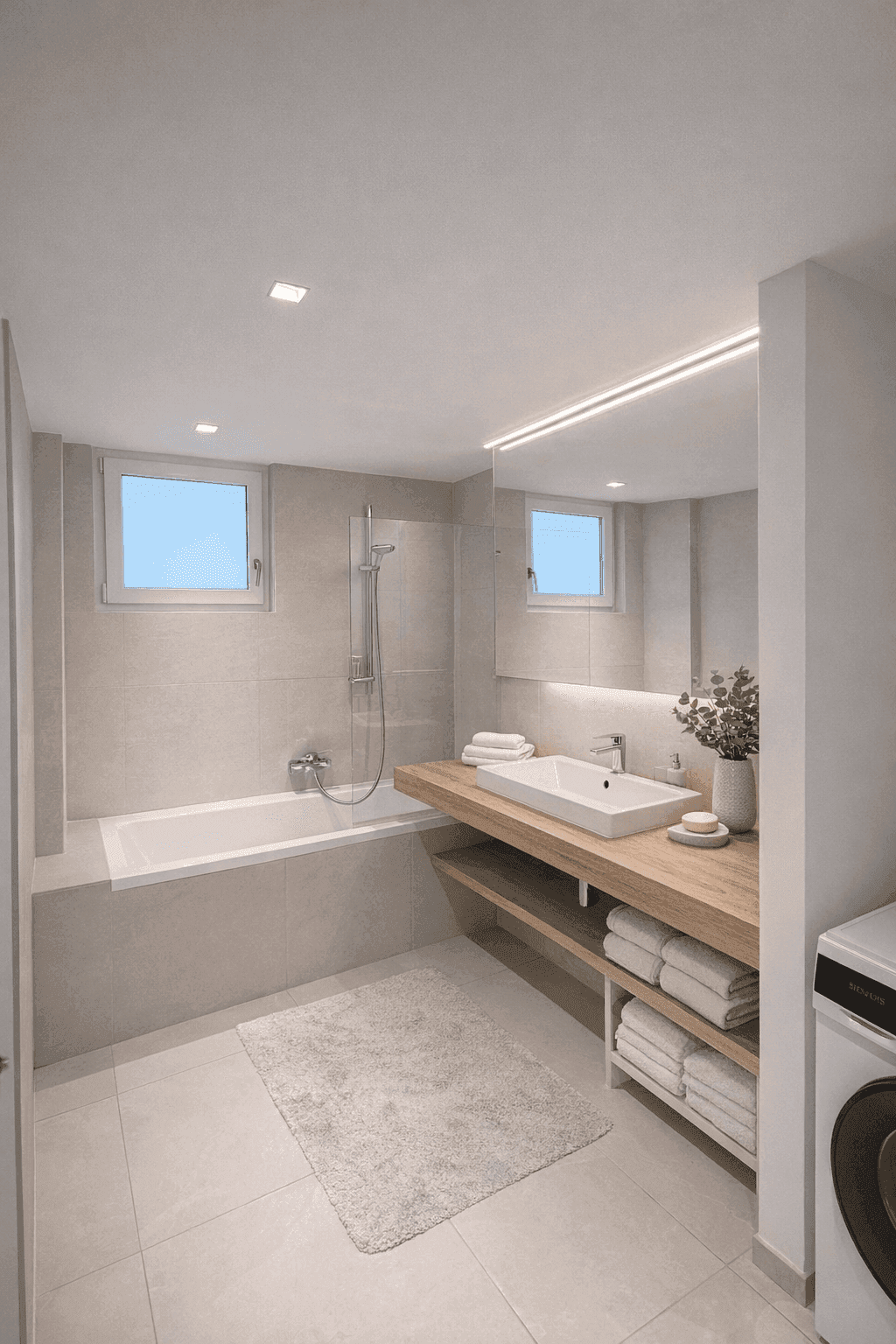 Modernes Badezimmer mit Badewanne, Einzelwaschbecken und Fenster für natürliches Licht.