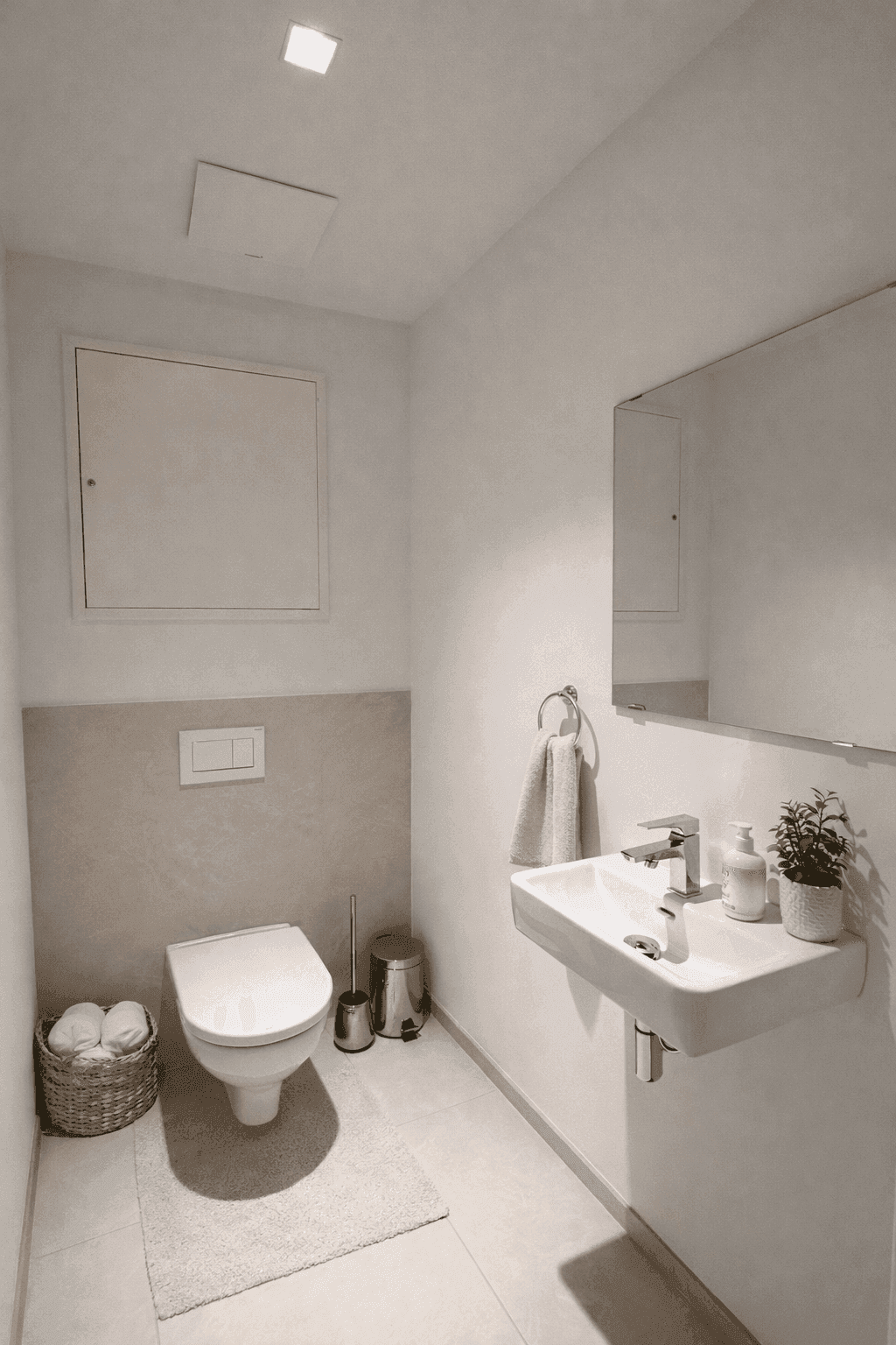 Kleines Gäste-WC mit wandhängender Toilette und modernem Waschbecken für Besucher.