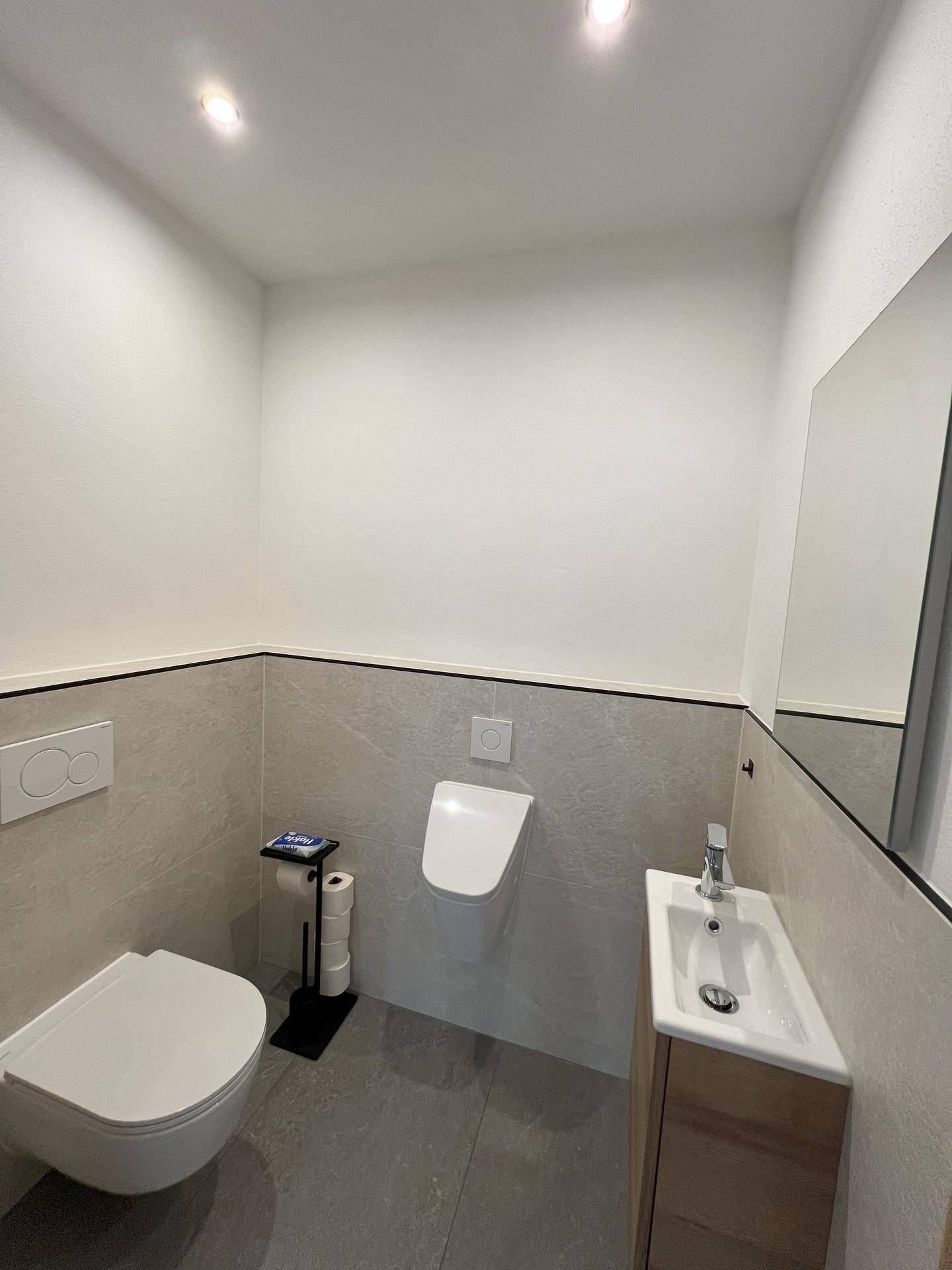 Modernes Gäste-WC mit wandhängender Toilette, kleinem Waschbecken und Spiegel.
