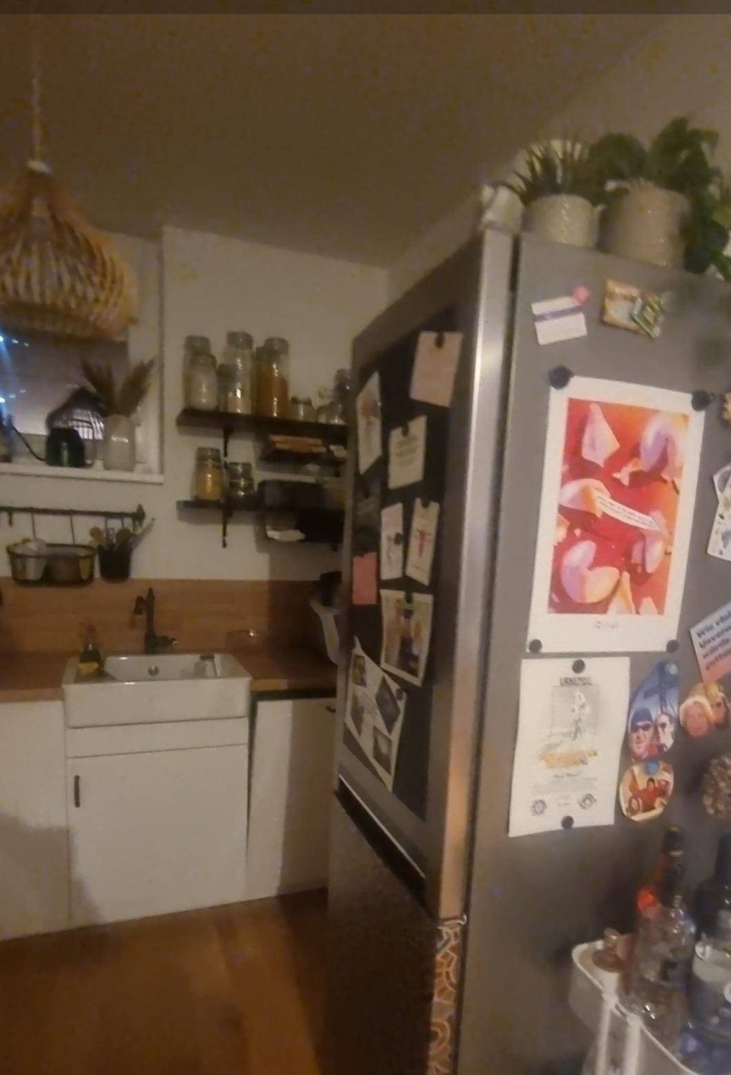 Funktional eingerichtete Küche mit Kühlschrank, Spüle und offenen Regalen für Vorräte.