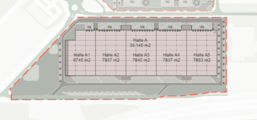 Detaillierter Grundrissplan des Logistikzentrums mit Aufteilung in mehrere Hallen und Flächenangaben.
