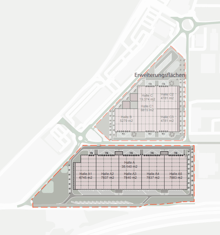 Übersichtsplan des Logistikstandorts mit bestehenden Hallen und eingezeichneten Erweiterungsflächen für zukünftige Entwicklung.
