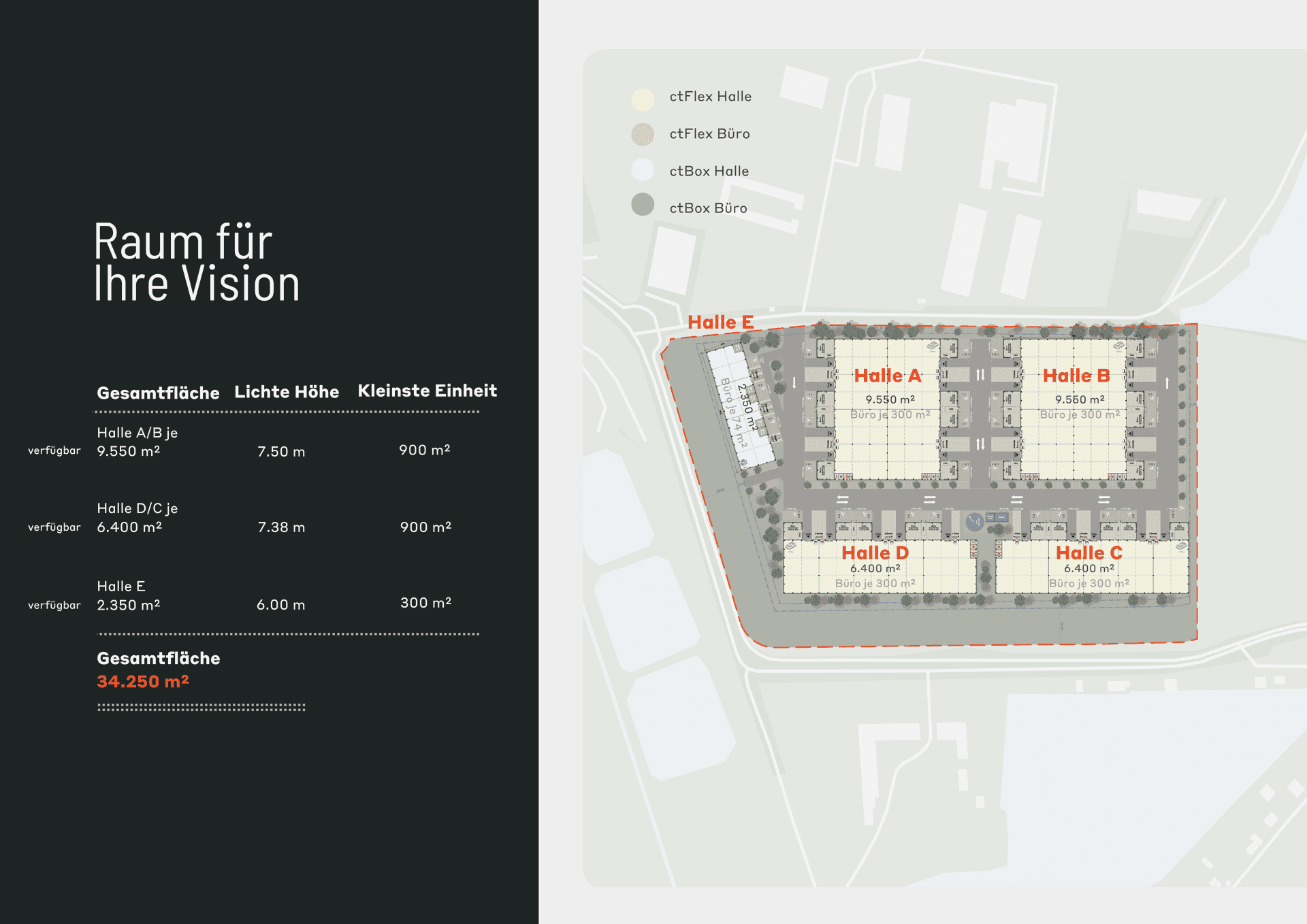 Übersichtsplan eines Gewerbeparks mit mehreren Hallen und Büroeinheiten, inklusive Flächenangaben und lichten Höhen.