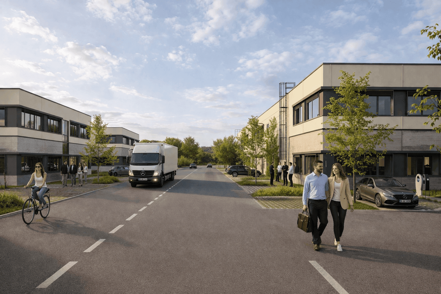 Moderne Gewerbegebäude entlang einer Straße mit Parkplätzen und Fußgängern. Eine Ladestation für Elektrofahrzeuge ist sichtbar.