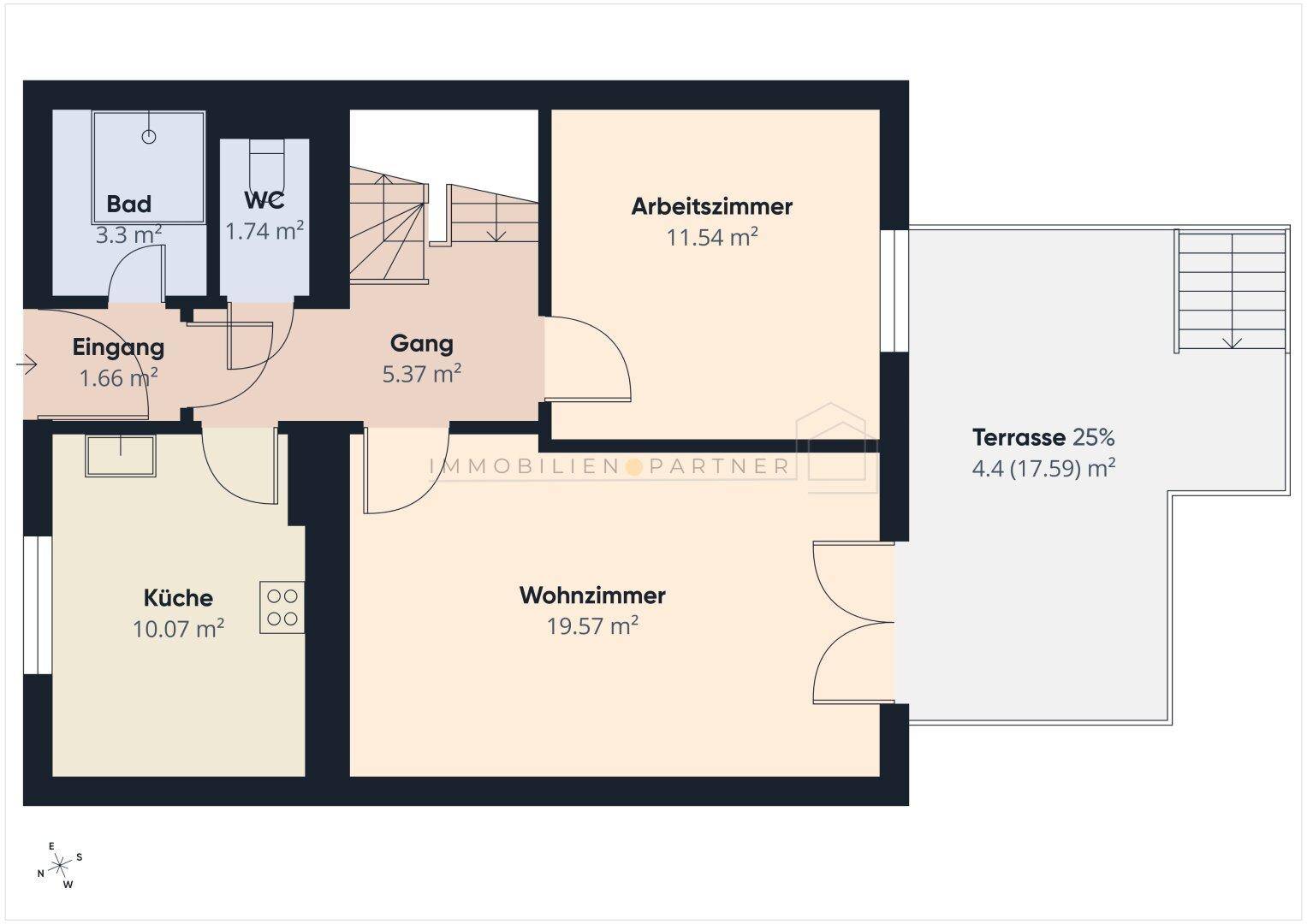 Grundriss des Erdgeschosses mit Küche, Wohnzimmer, Arbeitszimmer und Terrasse.