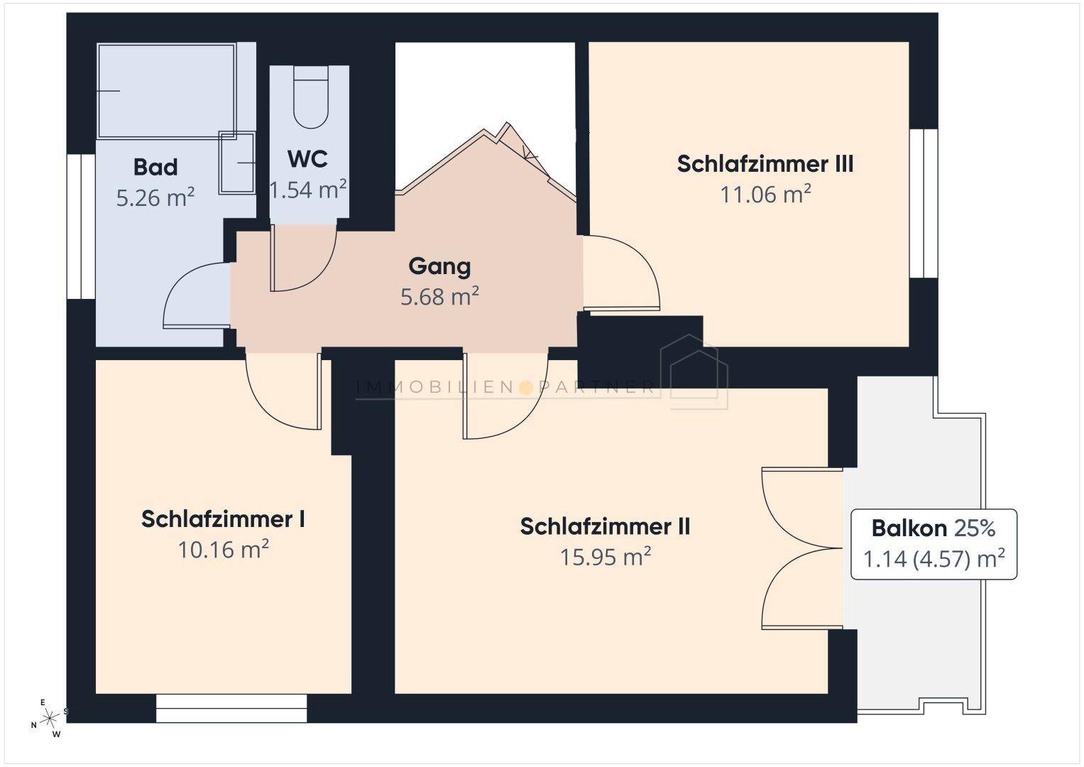 Grundriss des Obergeschosses mit drei Schlafzimmern, Bad, WC und Balkon.
