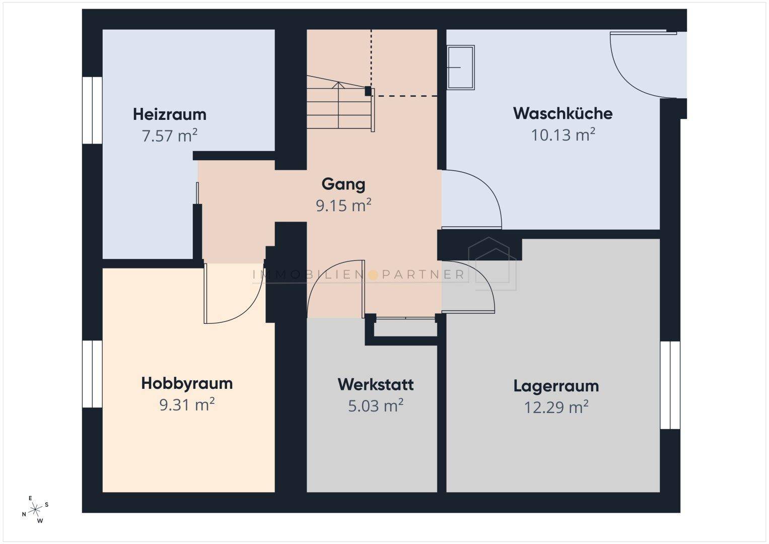 Grundriss des Untergeschosses mit Heizraum, Waschküche, Hobbyraum und Lagerräumen.