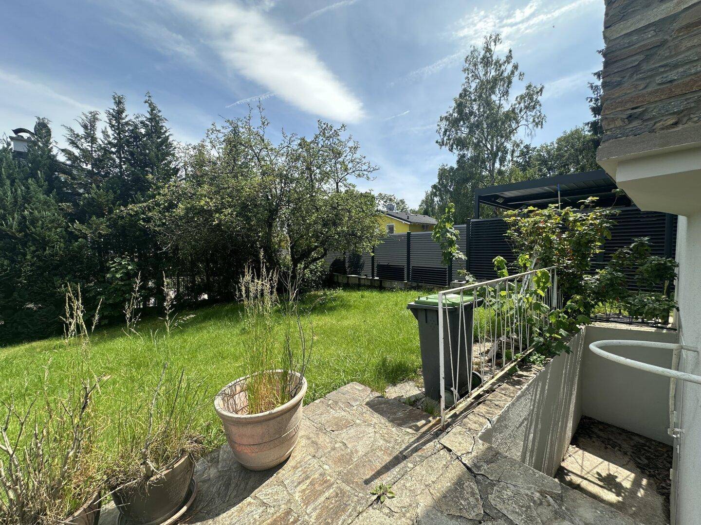 Blick auf den grünen Gartenbereich mit Rasenfläche und Bäumen im Hintergrund.
