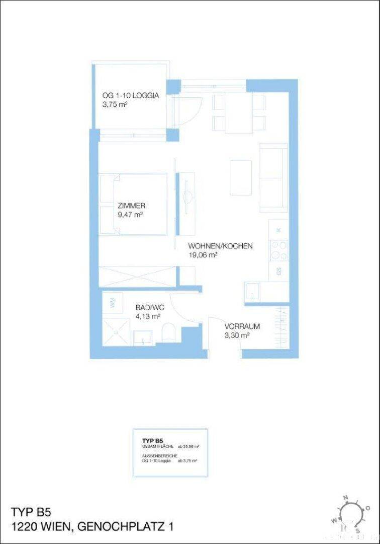 Grundriss einer Wohnung mit Loggia, einem Zimmer und offenem Wohn-/Kochbereich.