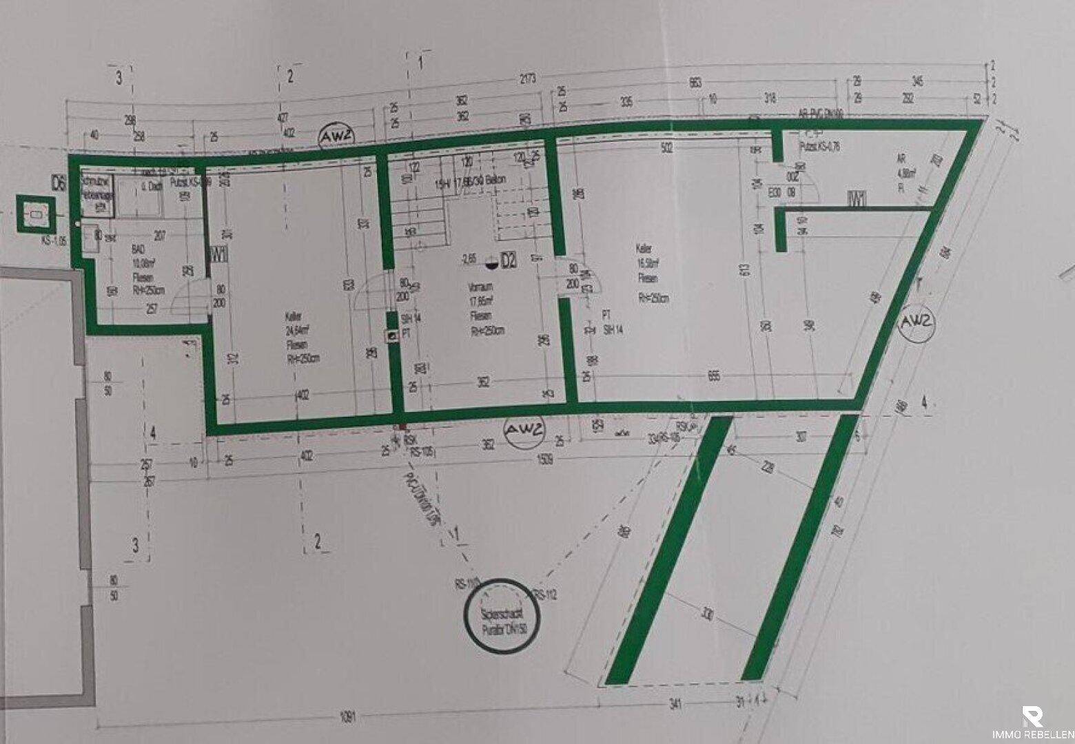 Grundrissplan mit Kellerbereichen und Abstellräumen im Untergeschoss.