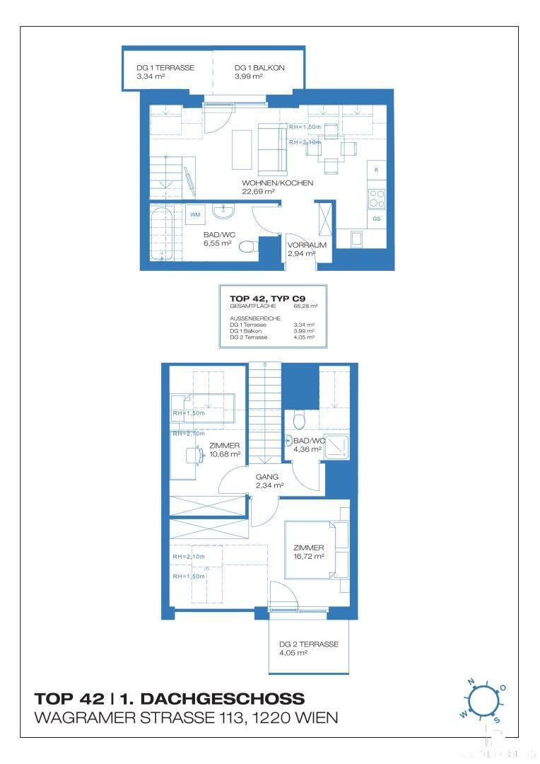 Grundrissplan einer Maisonette-Wohnung mit zwei Terrassen und Balkon.