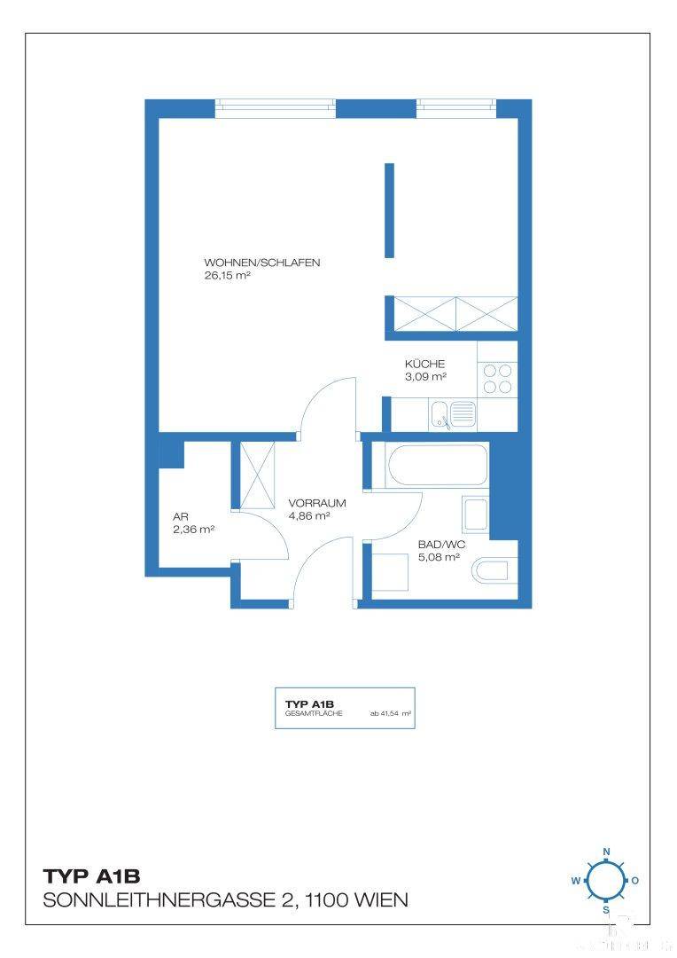 Grundriss der Wohnung Typ A1B mit Wohn-/Schlafbereich, Küche und Bad.