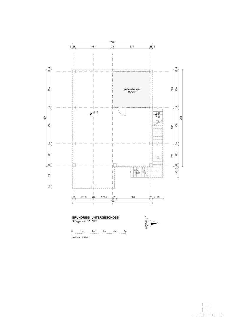 Grundriss des Untergeschosses mit Gartenlager und Zugang zur Treppe.