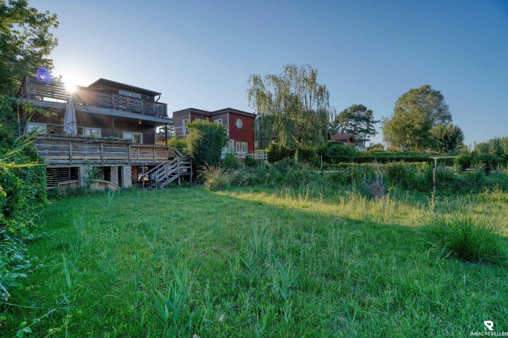 Weitläufige grüne Rasenfläche mit hohen Gräsern und Häusern im Hintergrund unter blauem Himmel.