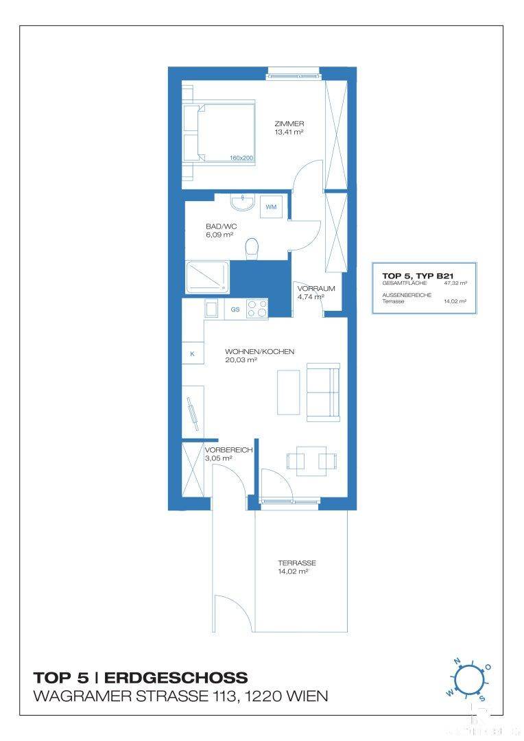 Grundriss der Erdgeschosswohnung mit offenem Wohn-/Kochbereich und Terrasse.