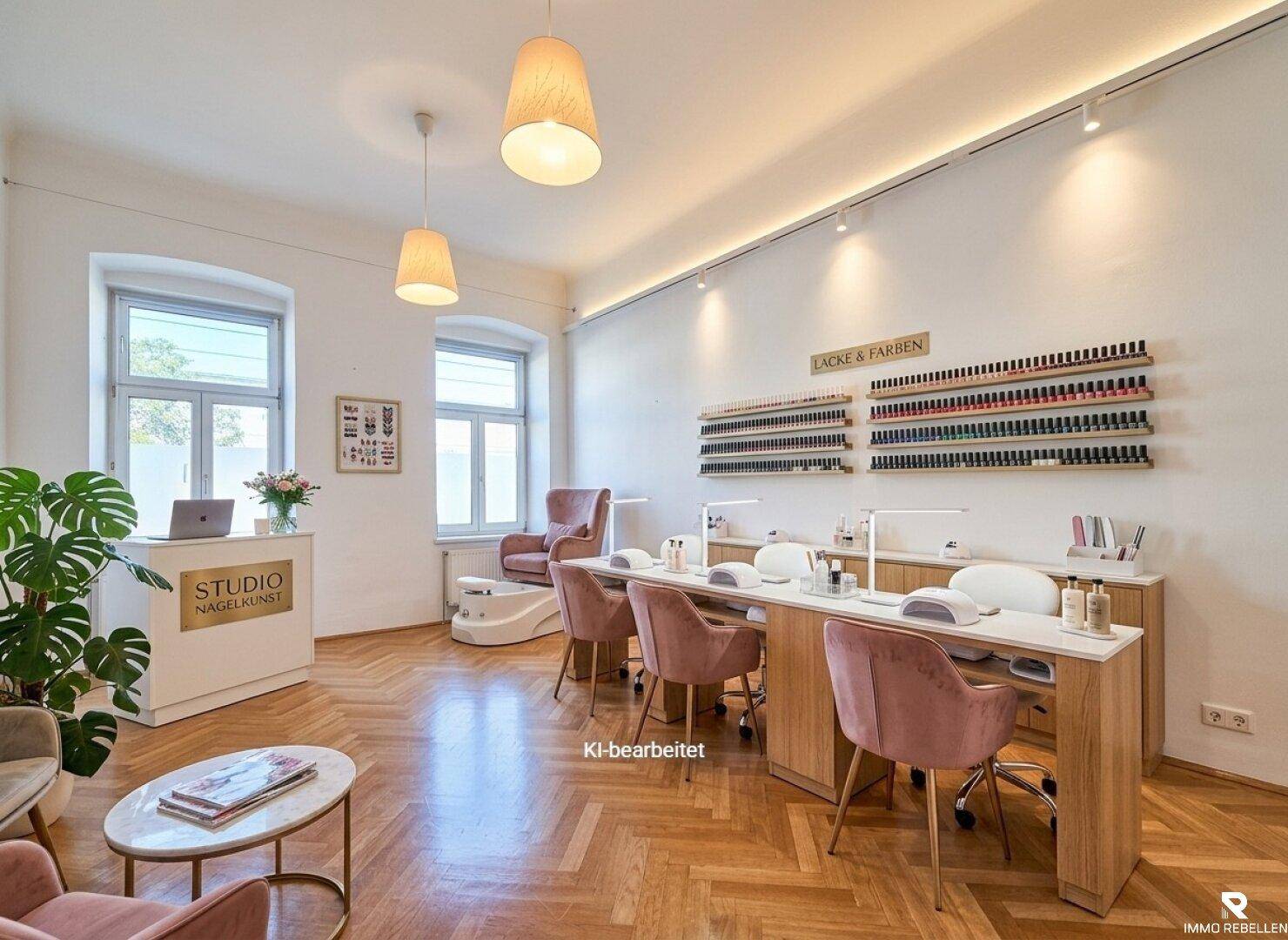 Modernes Nagelstudio mit mehreren Arbeitsplätzen, großen Fenstern und Fischgrätparkett.