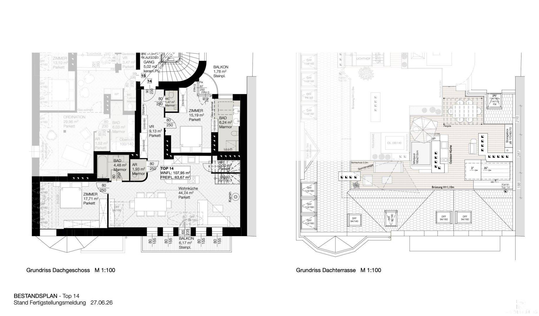 Zwei Grundrisse zeigen die Aufteilung einer Wohnung mit Balkon und einer separaten Dachterrasse.