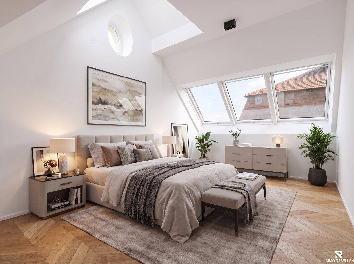 Gemütliches Schlafzimmer mit Dachschrägen, Holzboden und großen Dachfenstern.