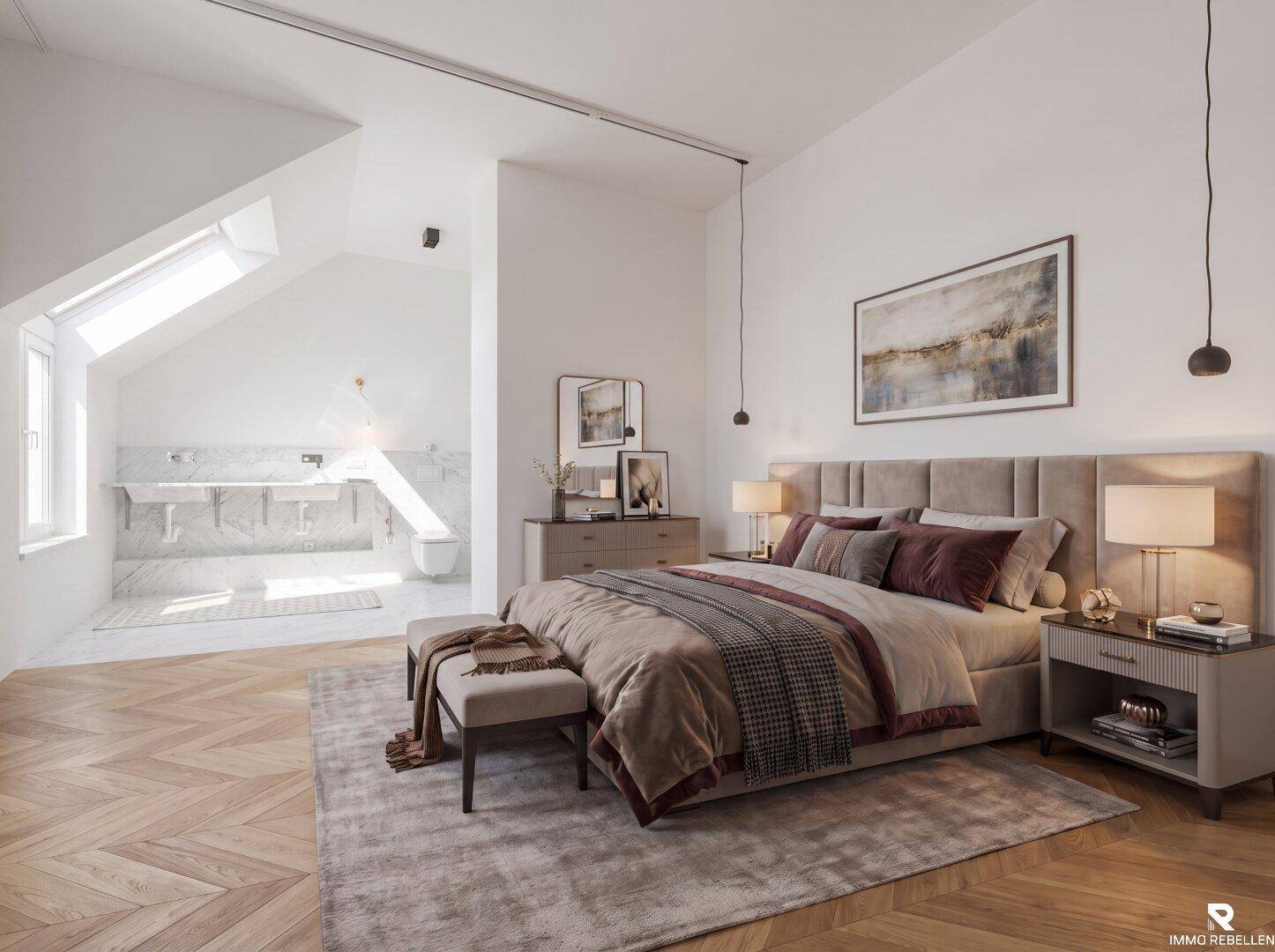 Modernes Schlafzimmer mit Holzboden, Dachschrägen und offenem Zugang zum Marmorbad.