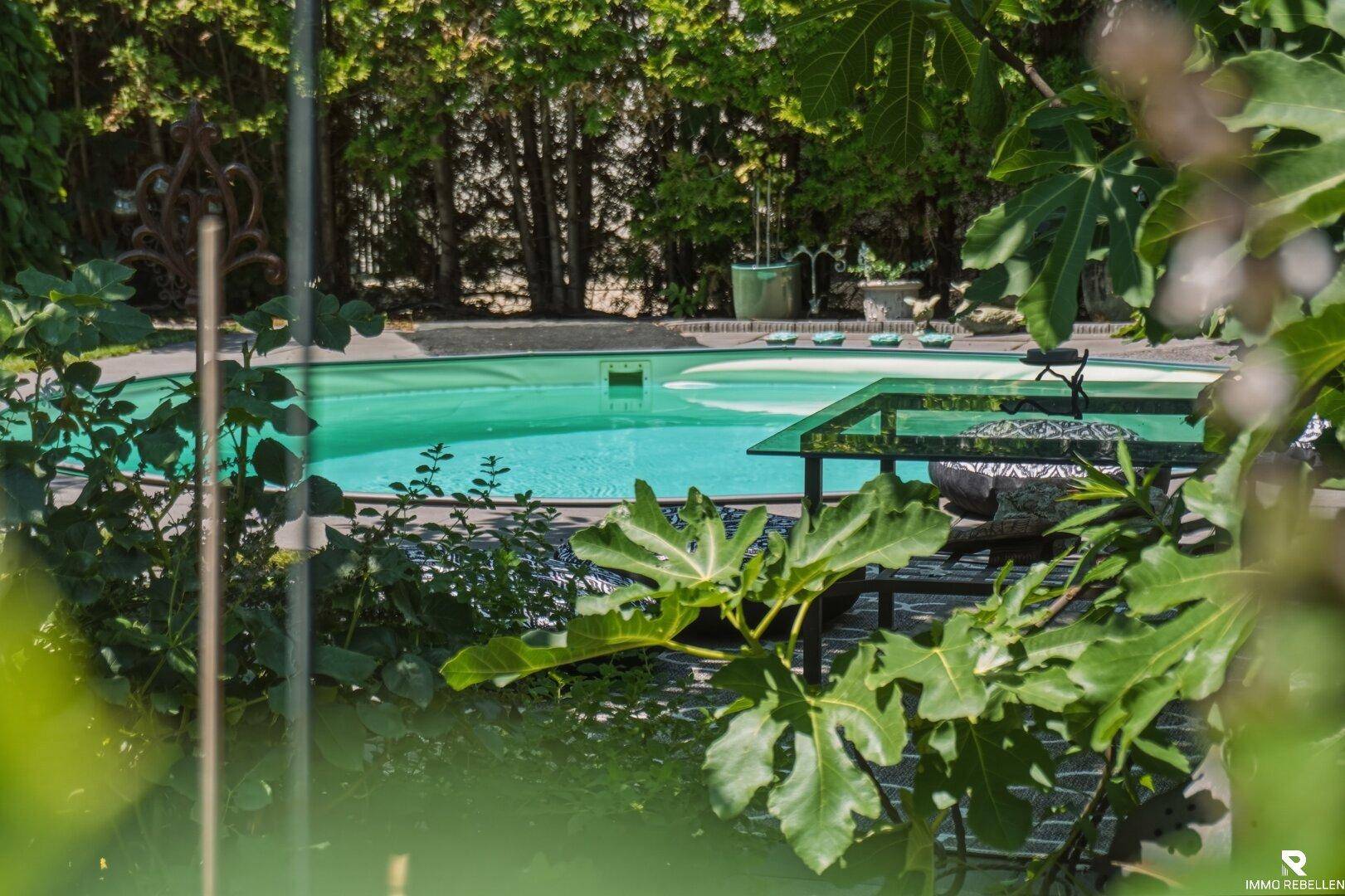 Erfrischender Pool im Garten, umgeben von üppiger Vegetation und Pflanzen.