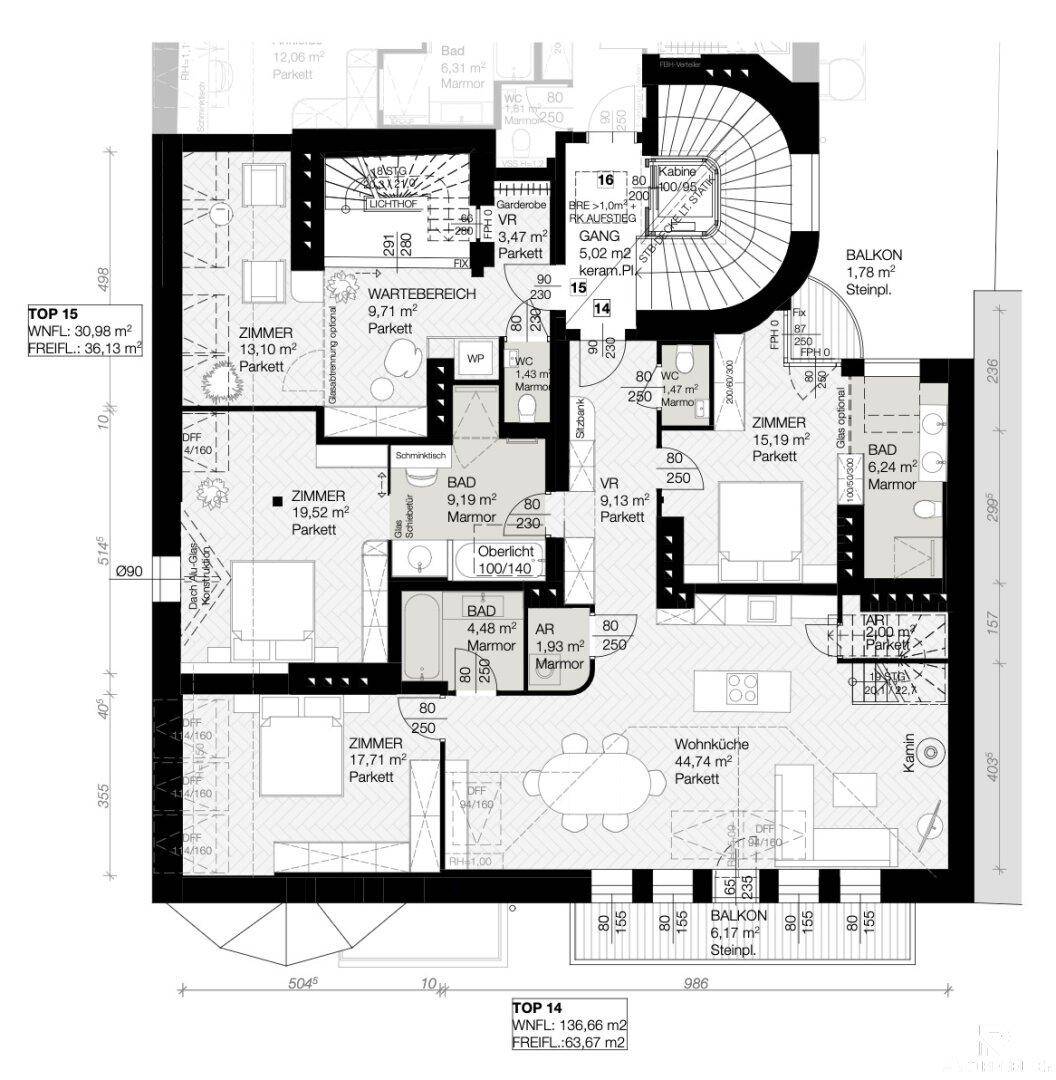 Detaillierter Grundriss einer Wohnung mit mehreren Zimmern, offener Wohnküche und Balkon.