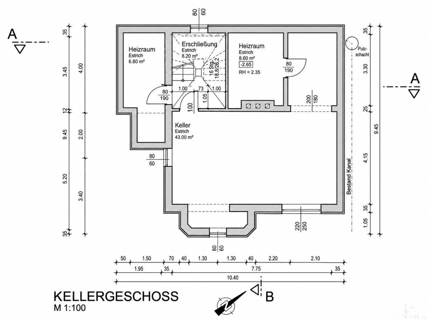 Grundriss des Kellergeschosses mit Heizräumen, einem großen Kellerraum und Erschließung.