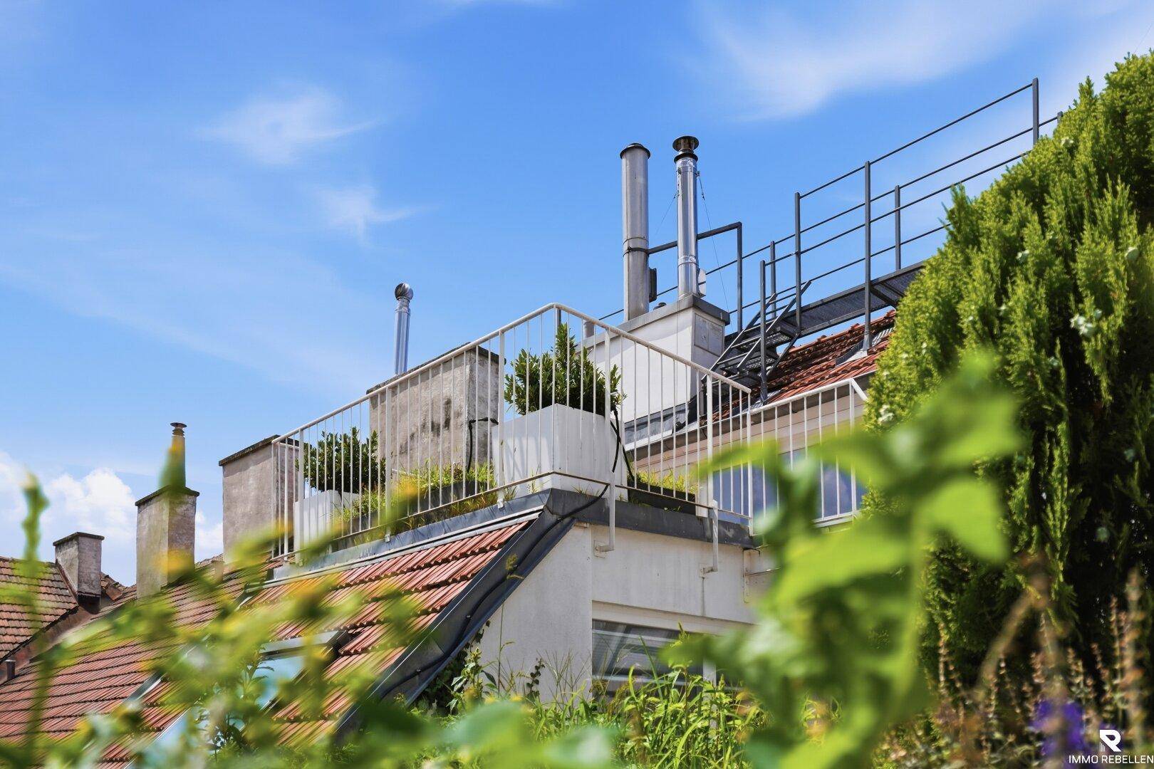 Detailansicht des Daches mit Pflanzen, Schornsteinen und einem Geländer unter blauem Himmel.