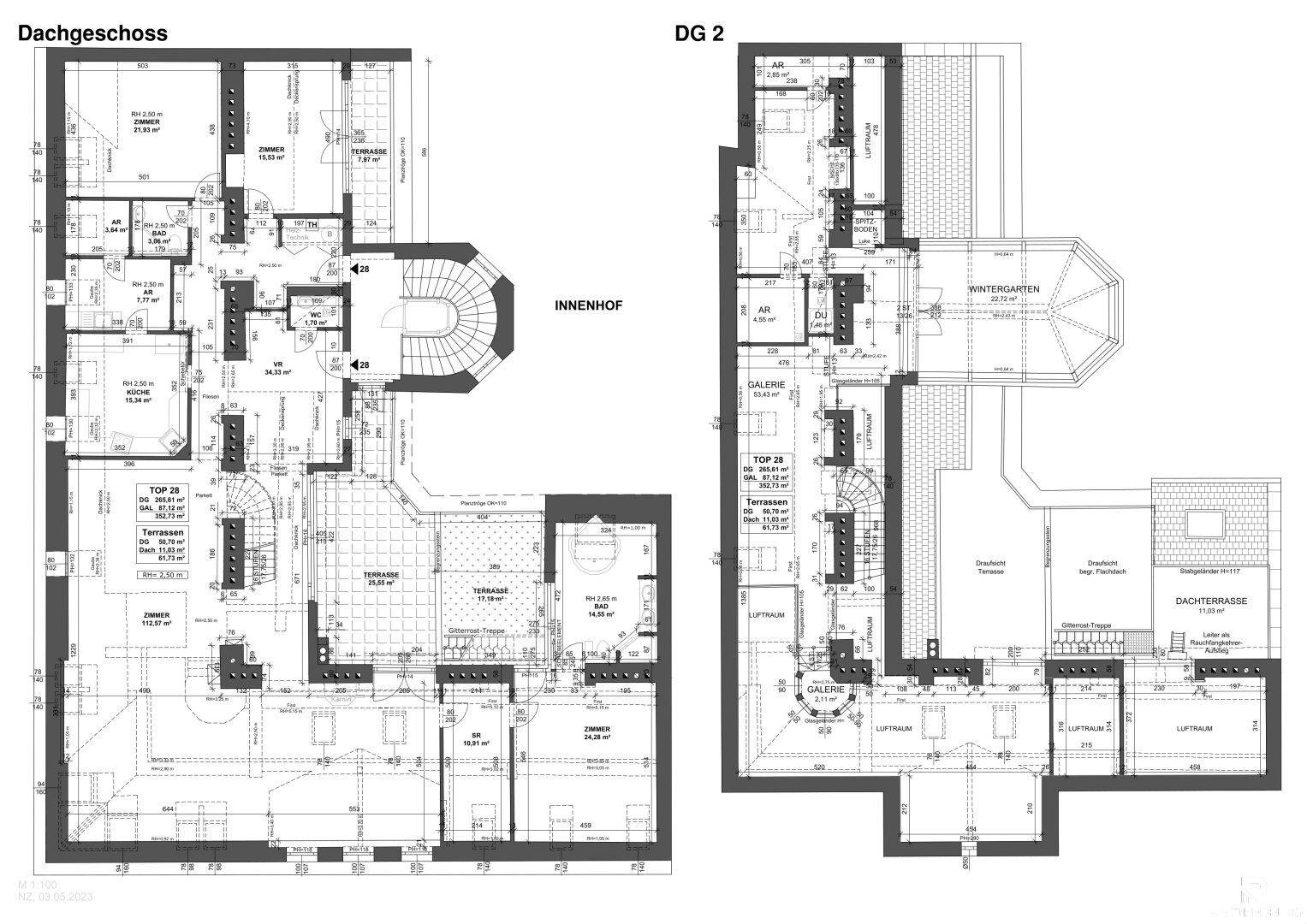 Detaillierter Grundriss des Dachgeschosses mit mehreren Wohneinheiten, Terrassen, Wintergarten und Dachterrasse.