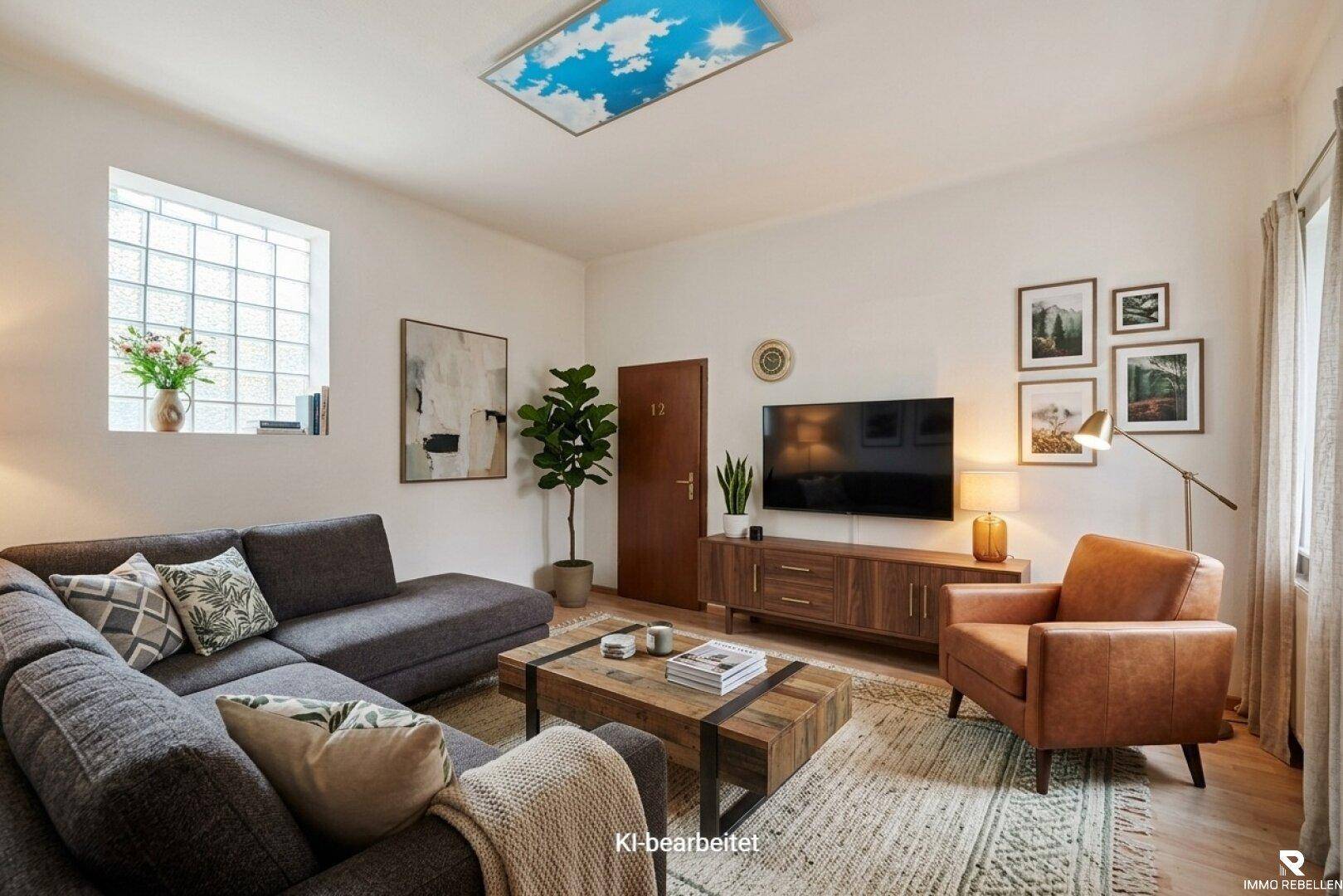 Modern eingerichtetes Wohnzimmer mit bequemer Couch, Holztisch und dekorativer Deckenbeleuchtung.