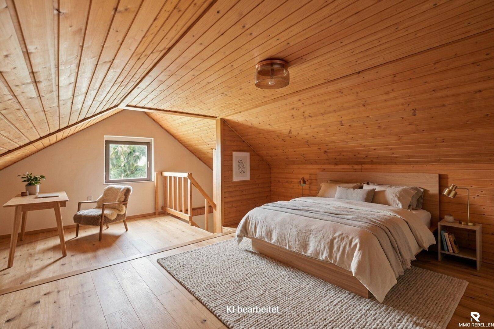 Gemütliches Schlafzimmer im Dachgeschoss mit Holzverkleidung, Bett und Schreibtisch.
