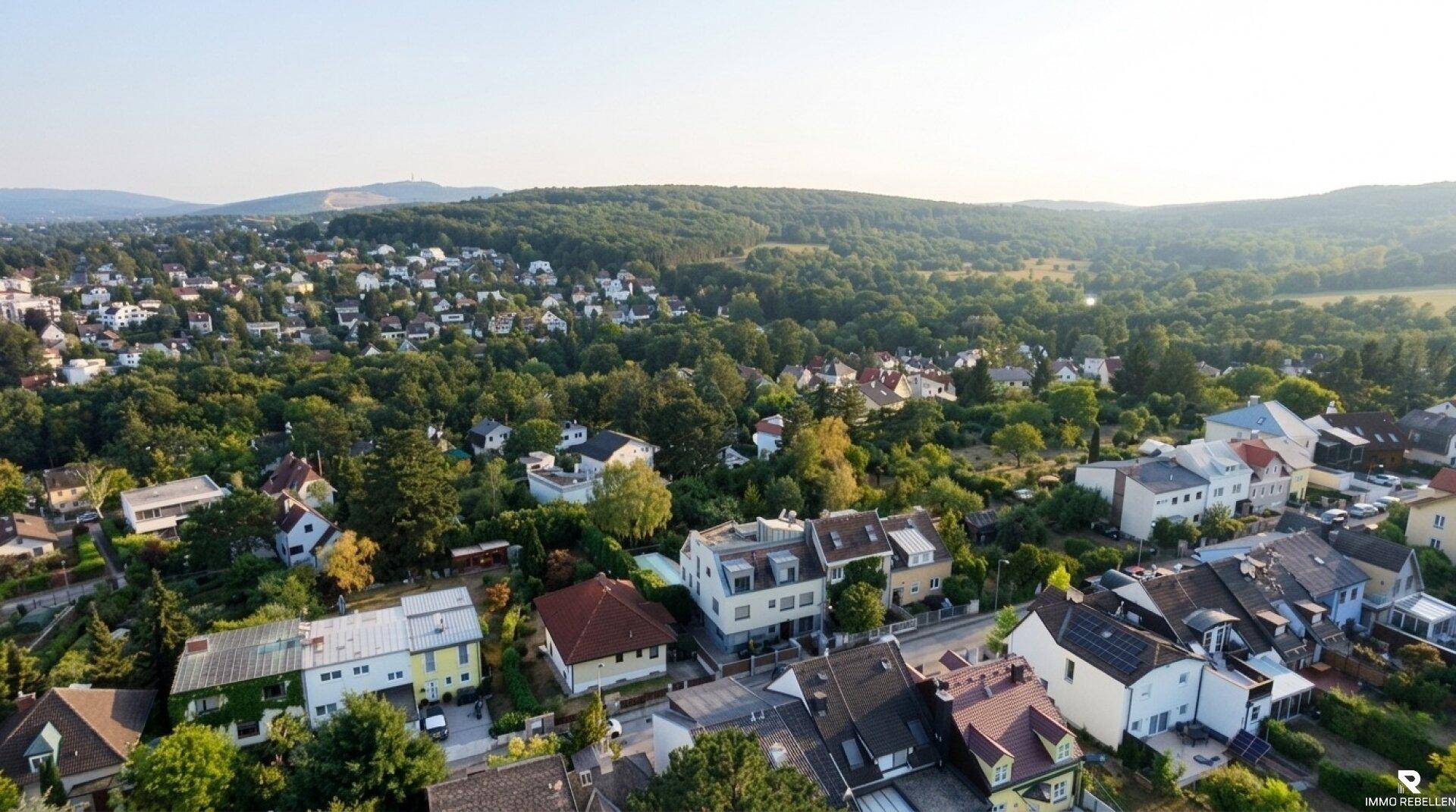 Panoramablick über eine grüne Wohnsiedlung mit vielen Einfamilienhäusern und bewaldeten Hügeln.