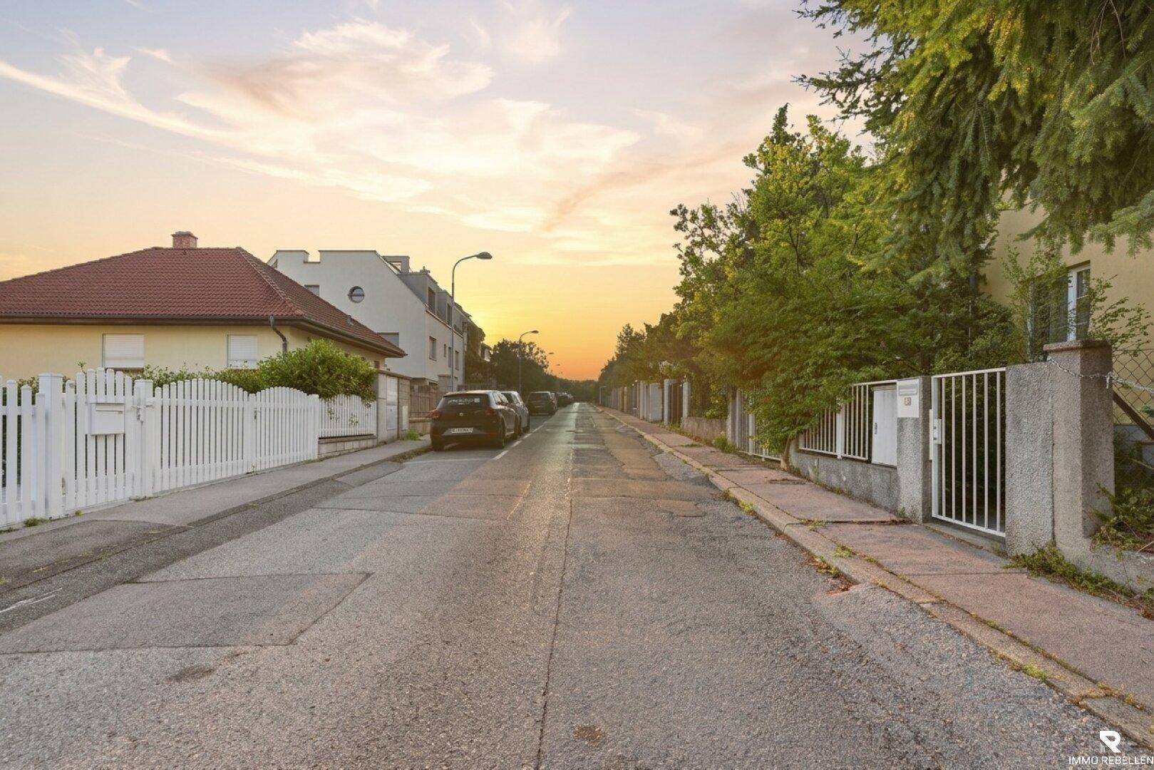 Abendliche Ansicht einer ruhigen Wohnstraße mit Häusern und einem warmen Sonnenuntergangshimmel.