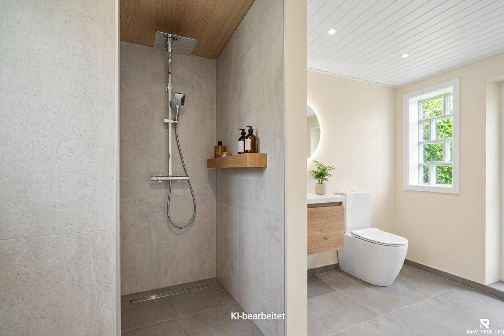Modernes Badezimmer mit ebenerdiger Dusche, wandhängendem WC und stilvollem Waschtisch.