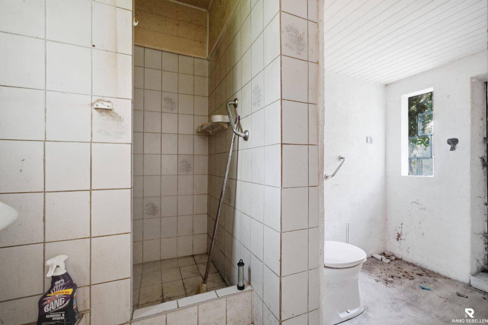 Badezimmer im Originalzustand mit gefliestem Duschbereich, WC und Haltegriffen.