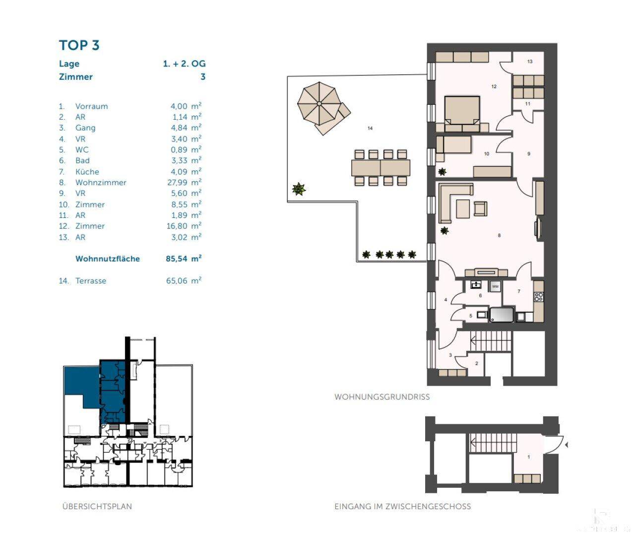 Detaillierter Grundriss der Wohnung mit Wohnnutzfläche von 85,54 m² und großer Terrasse.