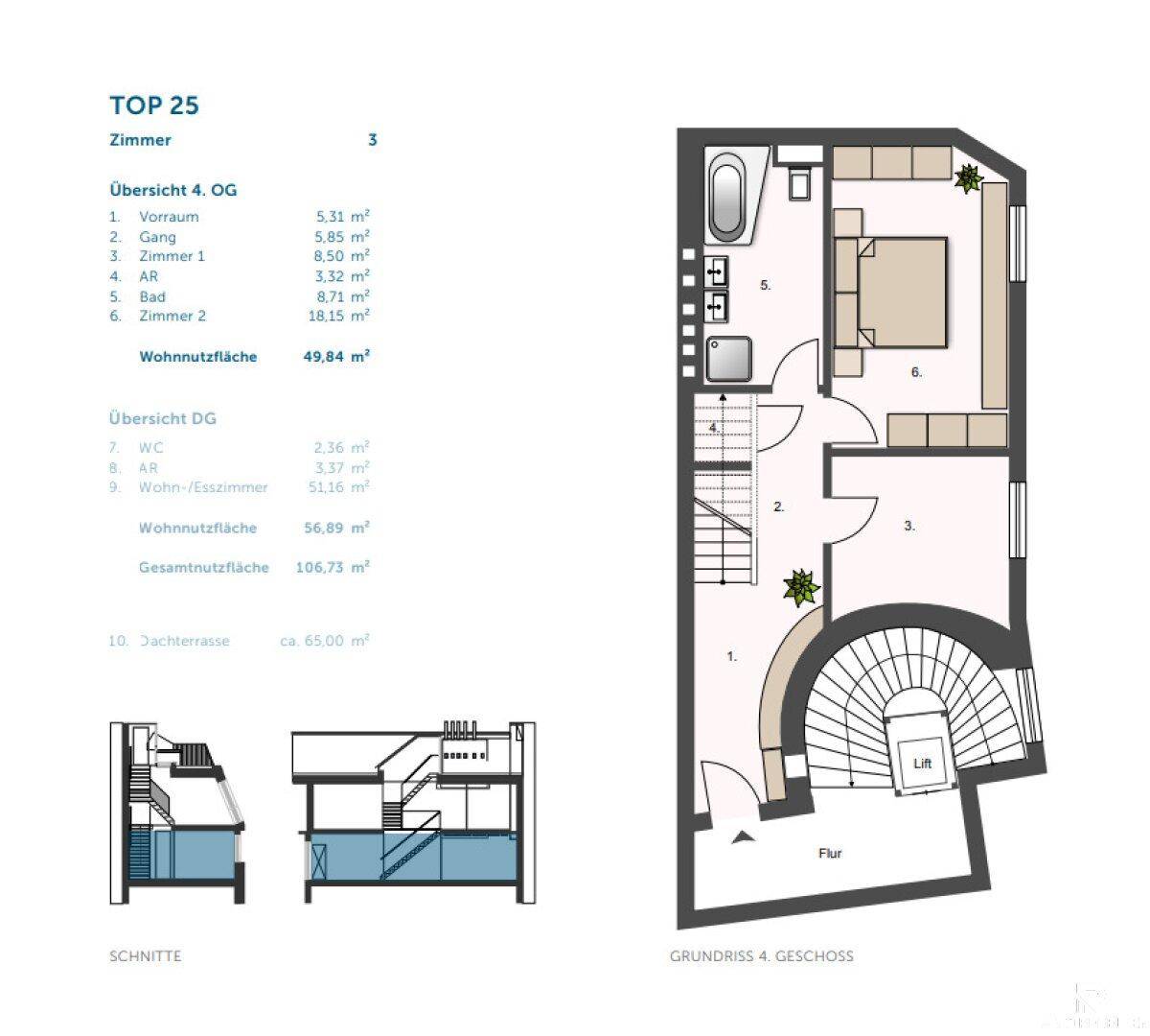 Grundriss des 4. Obergeschosses mit Schlafzimmer, Bad, Flur und Aufzug, inklusive Schnittansicht.