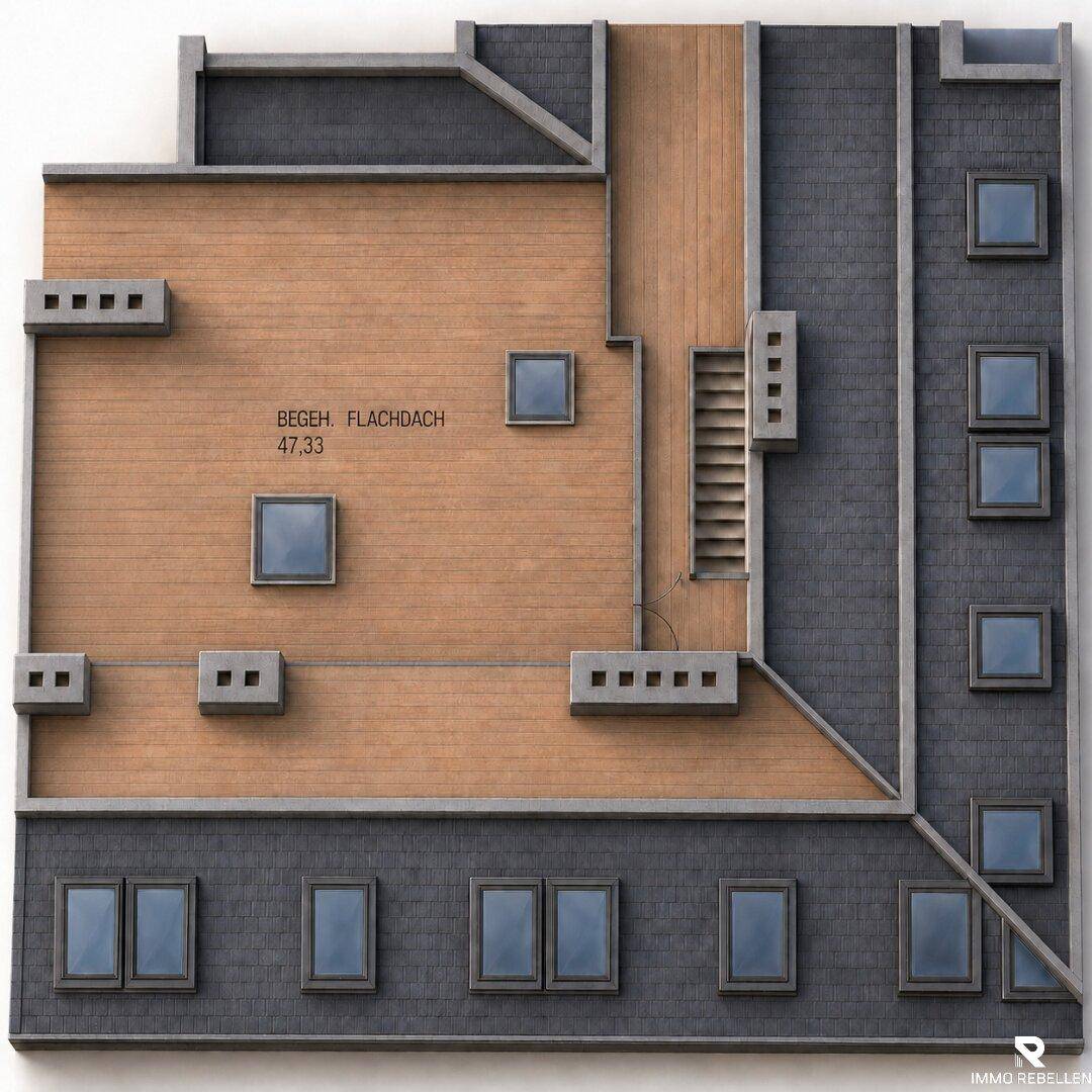 Ansicht eines begehbaren Flachdachs, das als großzügige Dachterrasse genutzt werden kann.