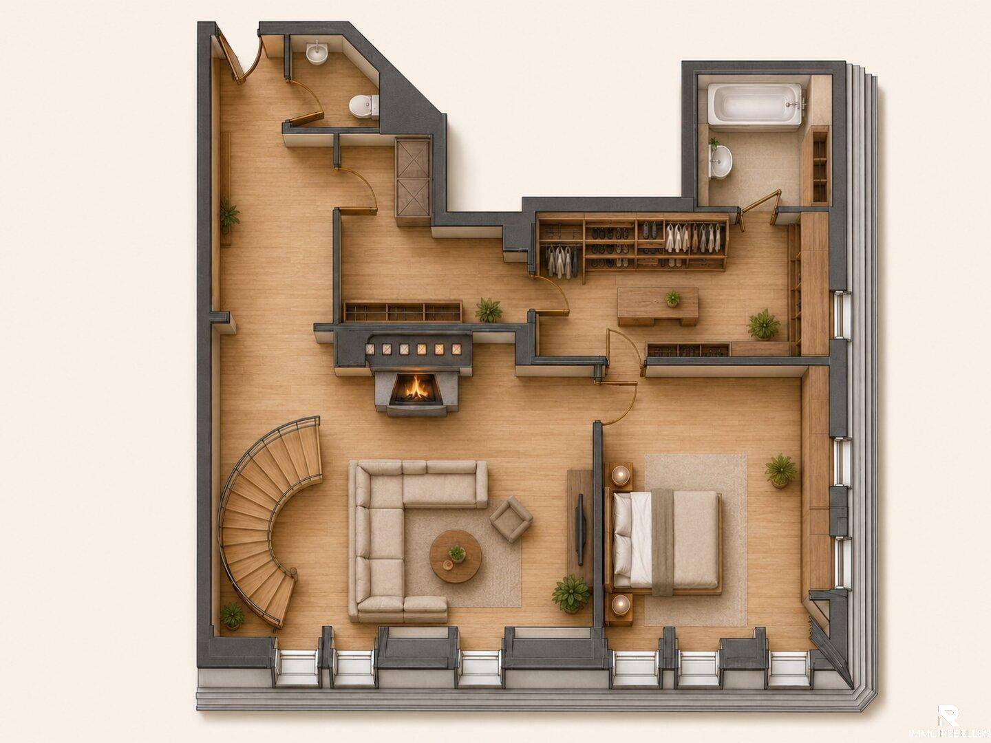 Grundriss mit offenem Wohnbereich, Kamin, Schlafzimmer, Bad und eleganter Wendeltreppe.
