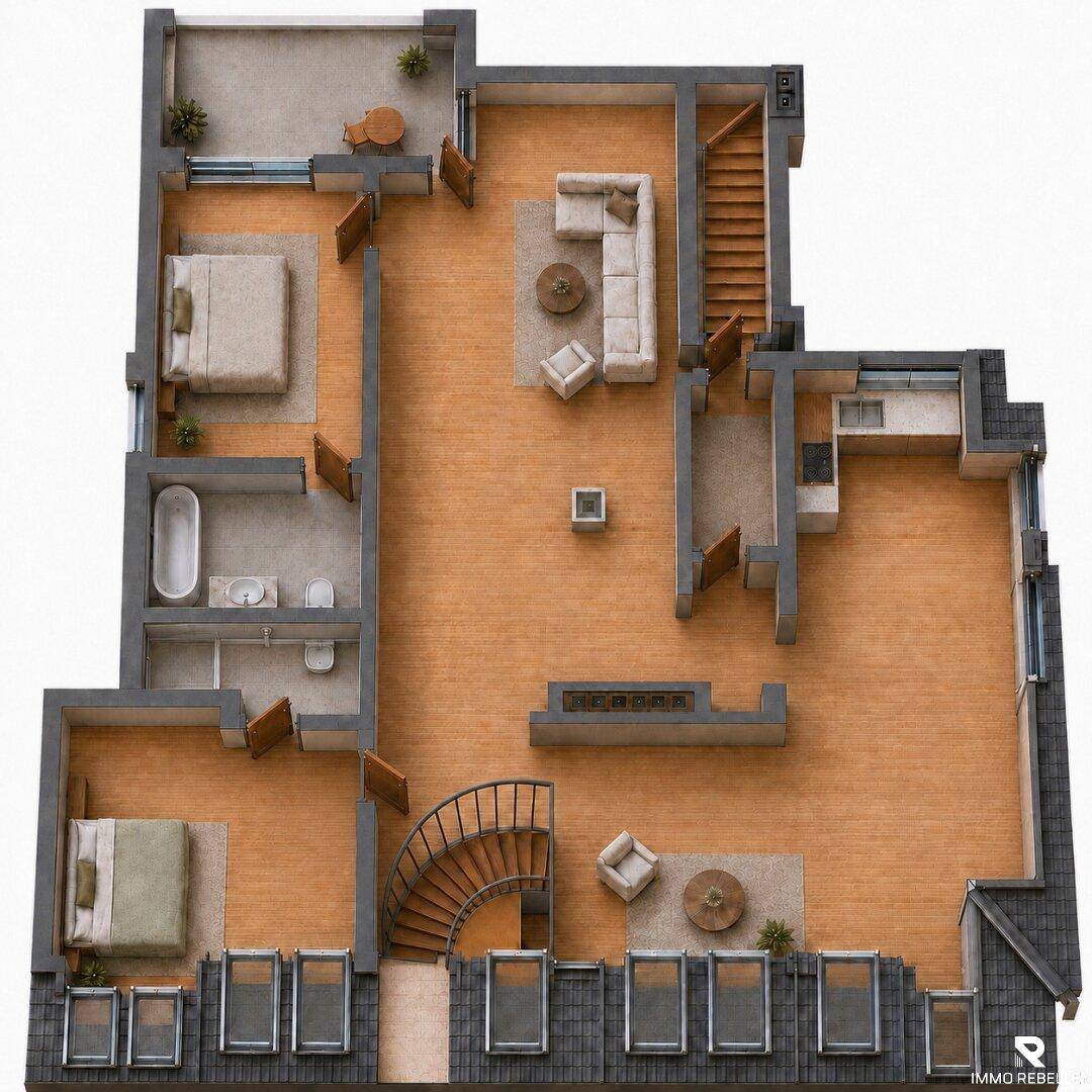 Grundriss mit zwei Schlafzimmern, zwei Bädern, offenem Wohnbereich und gerader Treppe.