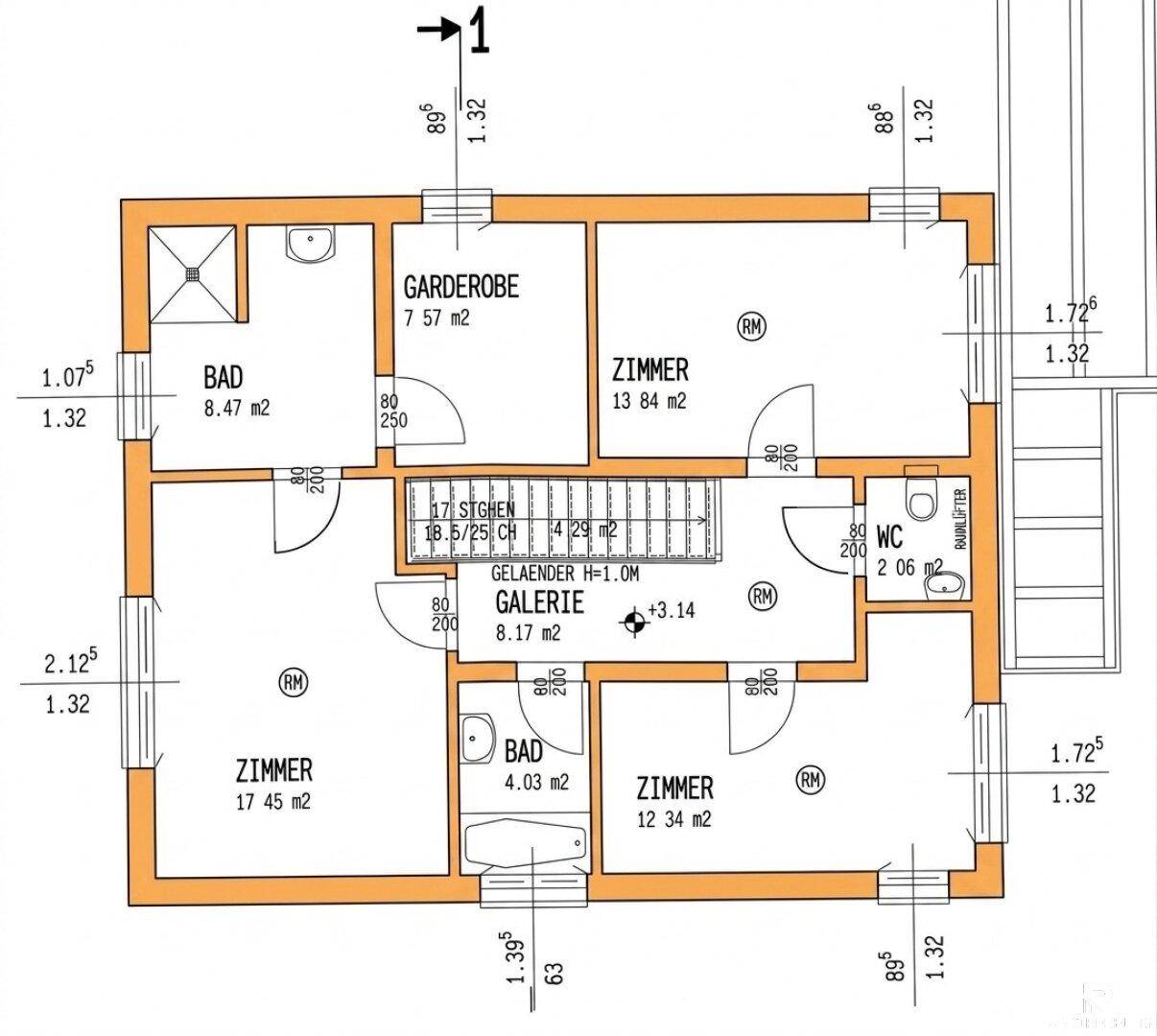 Grundriss des Obergeschosses mit drei Schlafzimmern und zwei Bädern.