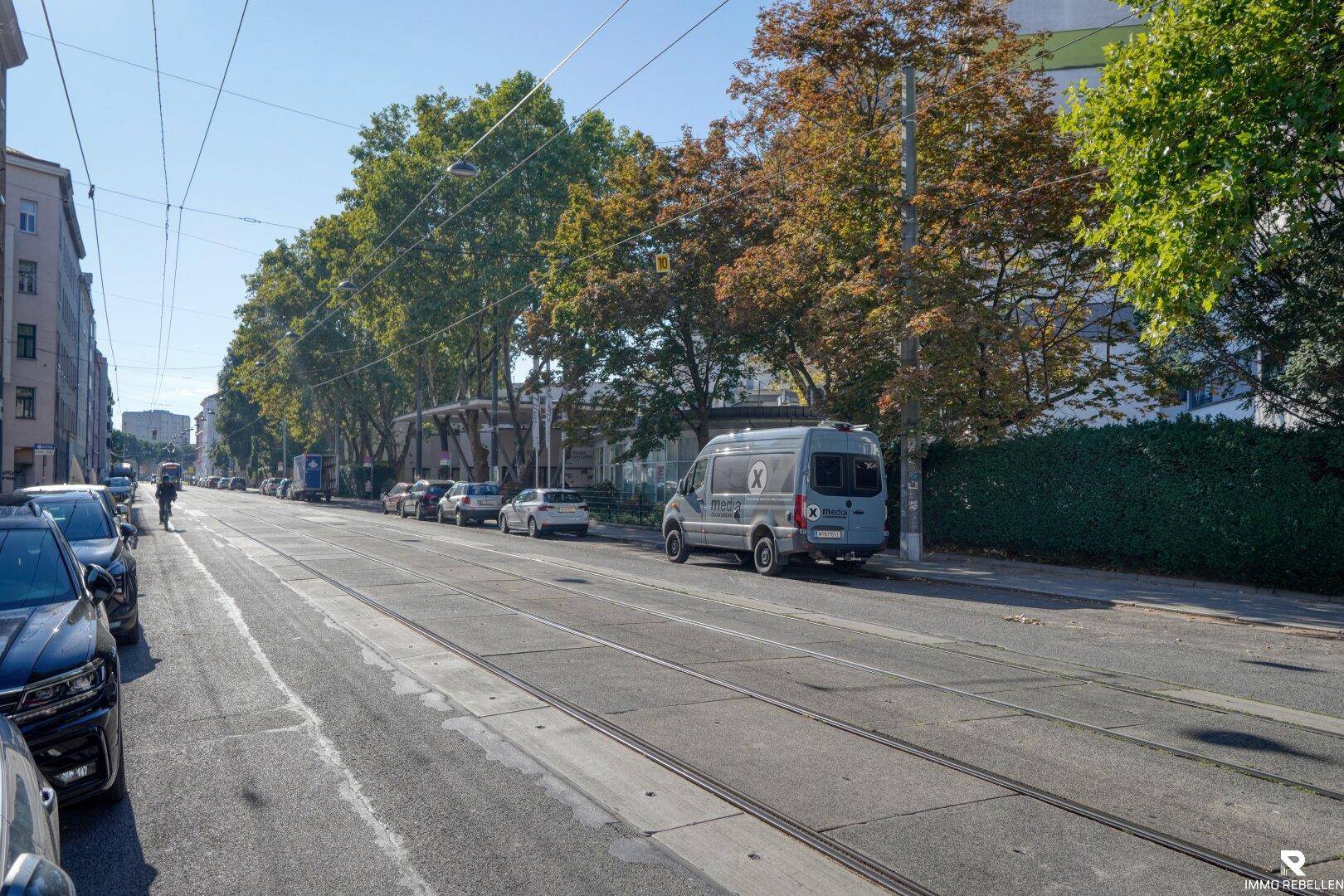 Breite Stadtstraße mit Straßenbahnschienen, parkenden Autos und Bäumen entlang des Gehwegs.