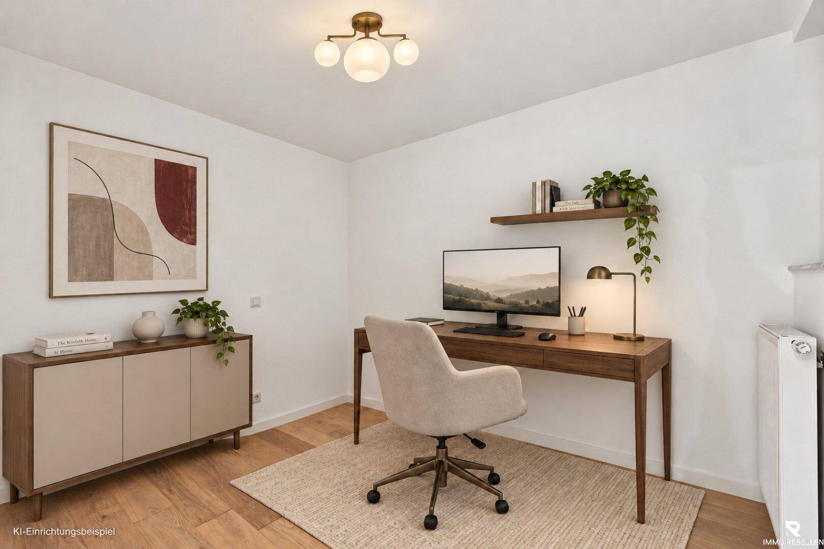 Modernes Arbeitszimmer mit Holzboden, Schreibtisch und minimalistischer Dekoration, ideal für Home-Office.