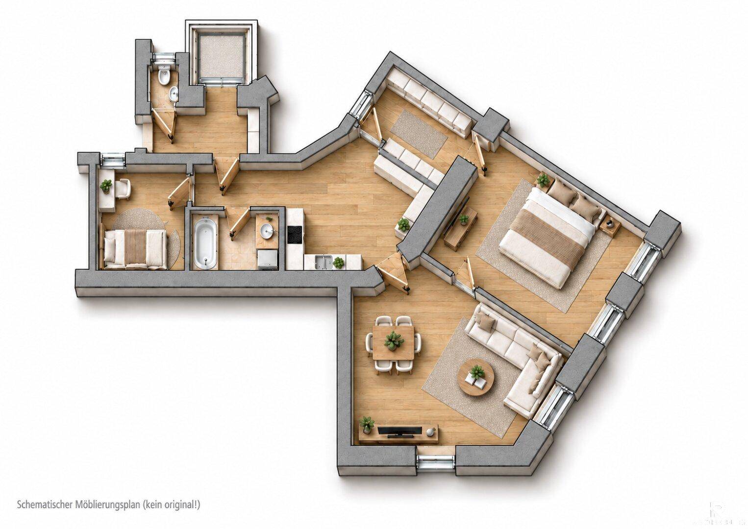 Schematischer Möblierungsplan einer Wohnung mit offenem Wohnbereich und zwei Schlafzimmern.