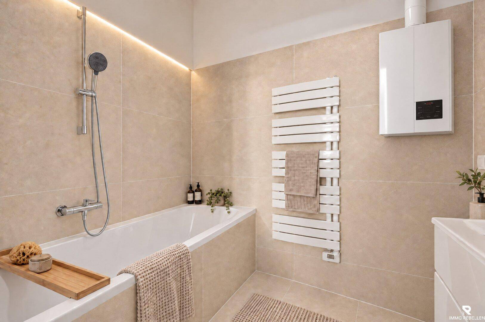 Modernes Badezimmer mit Badewanne, beigen Fliesen und beheiztem Handtuchhalter.